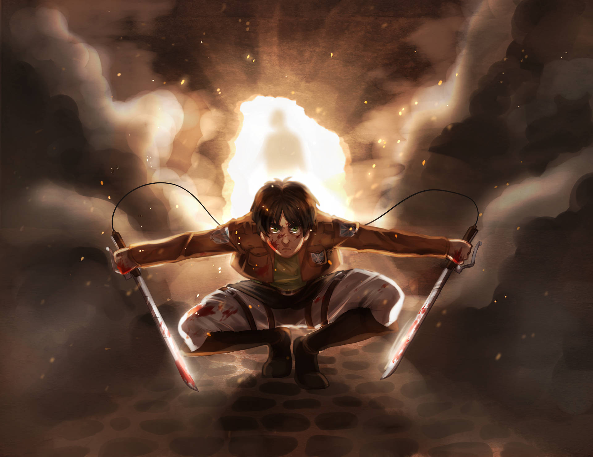 Attack On Titan Titan Eren Holding Two Blades Background