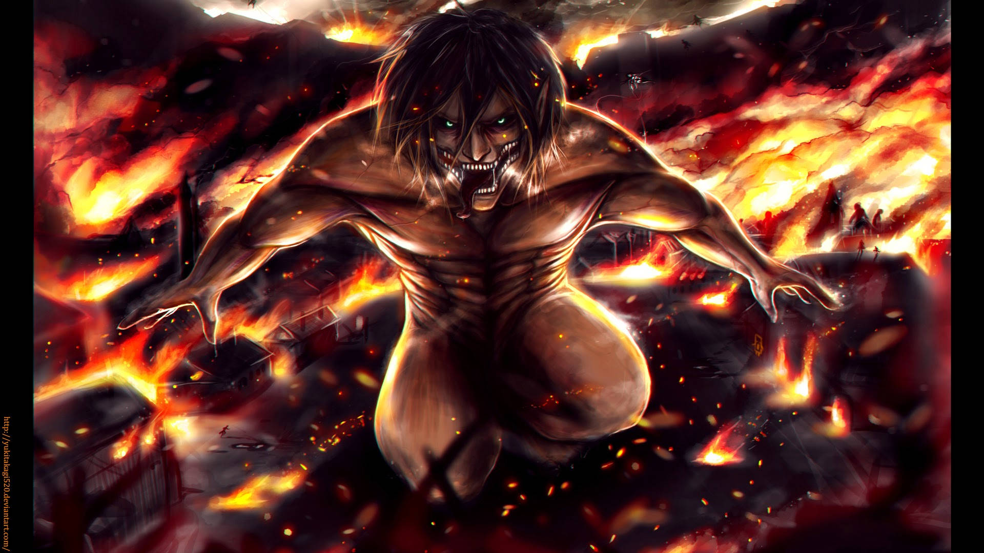 Attack On Titan Titan Eren With Burning Houses Background