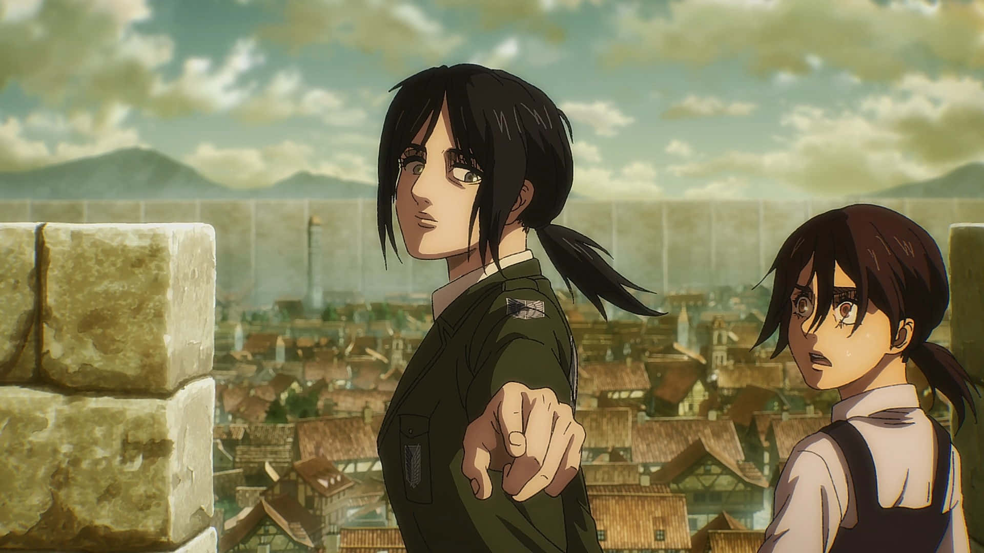 Attackon Titan Characters Overlooking City Background
