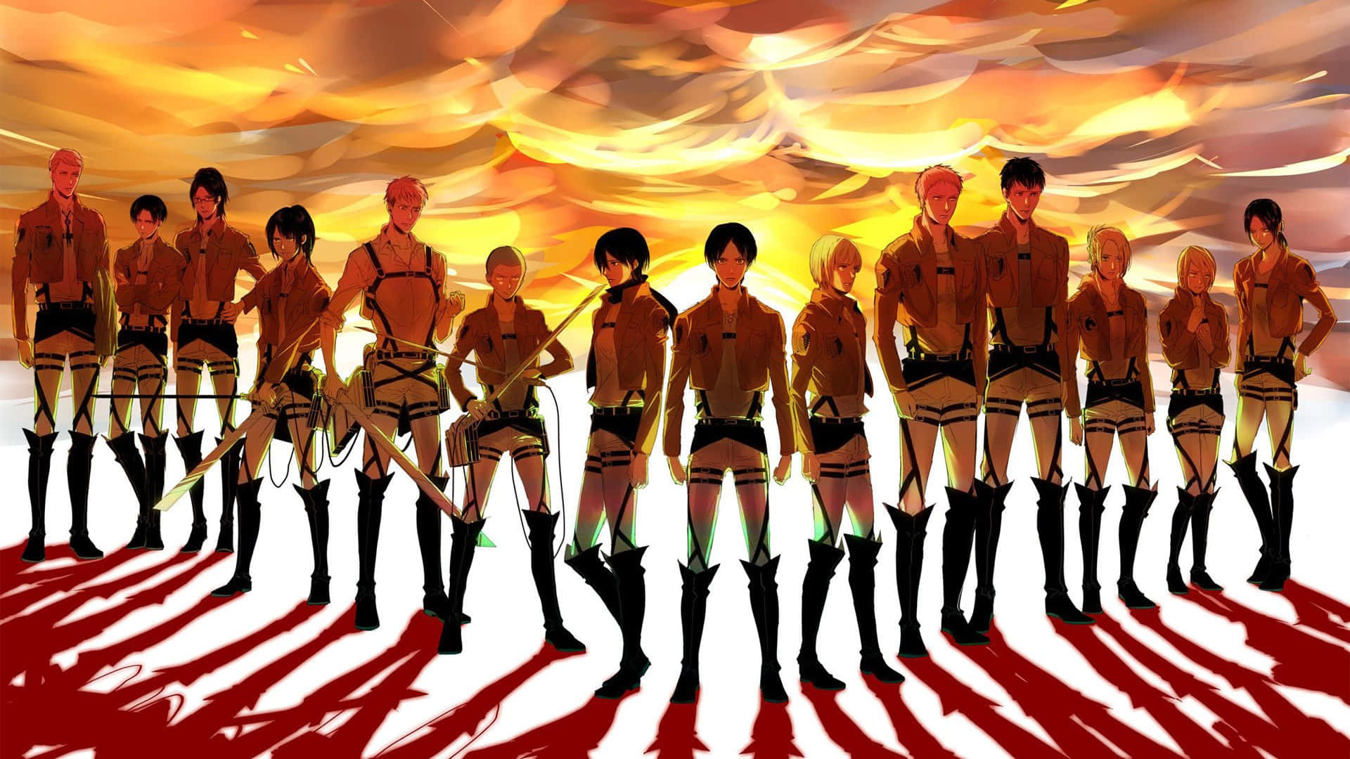 Attackon Titan Characters Sunset Silhouette Background