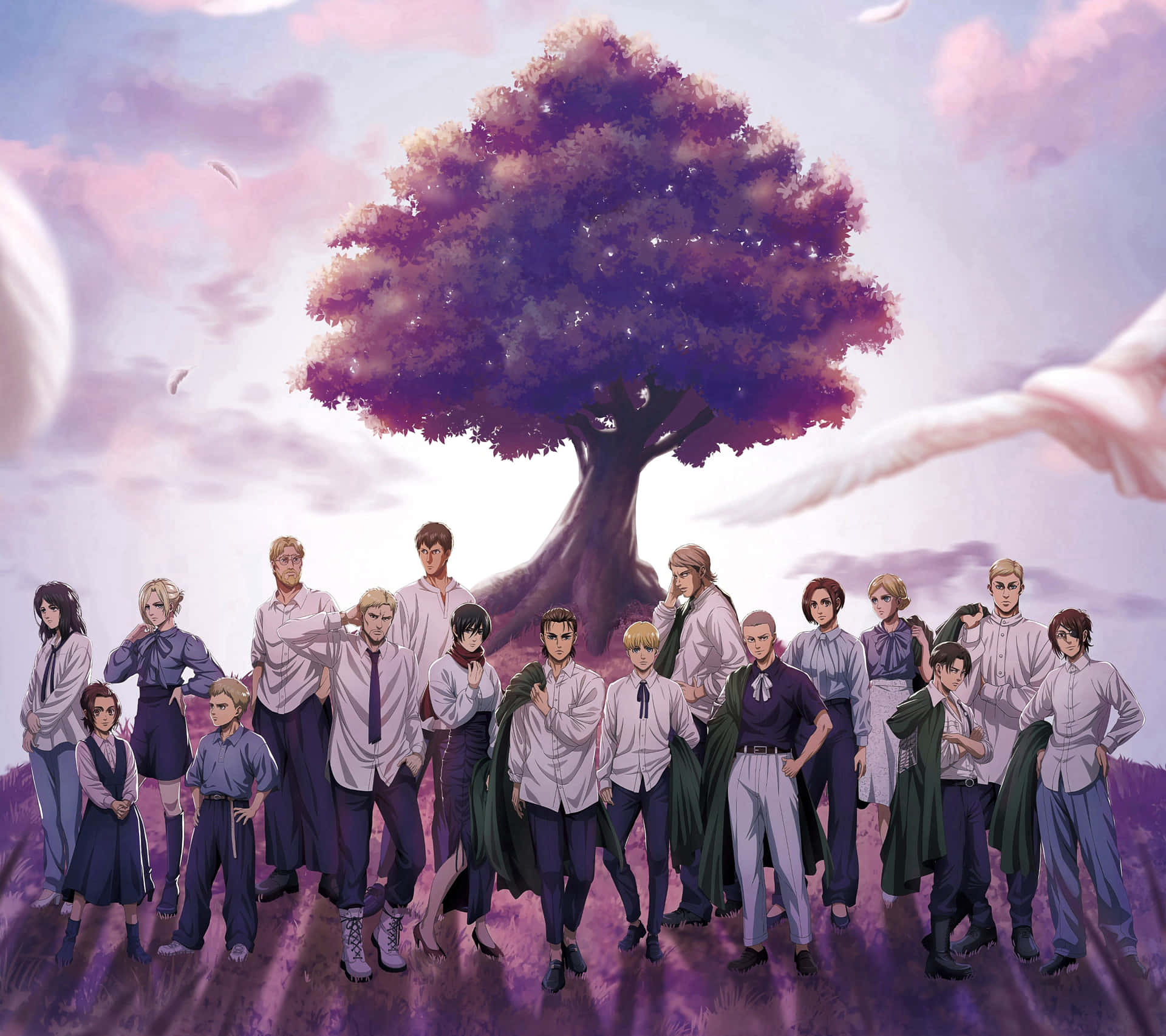 Attackon Titan Characters Under Tree Background