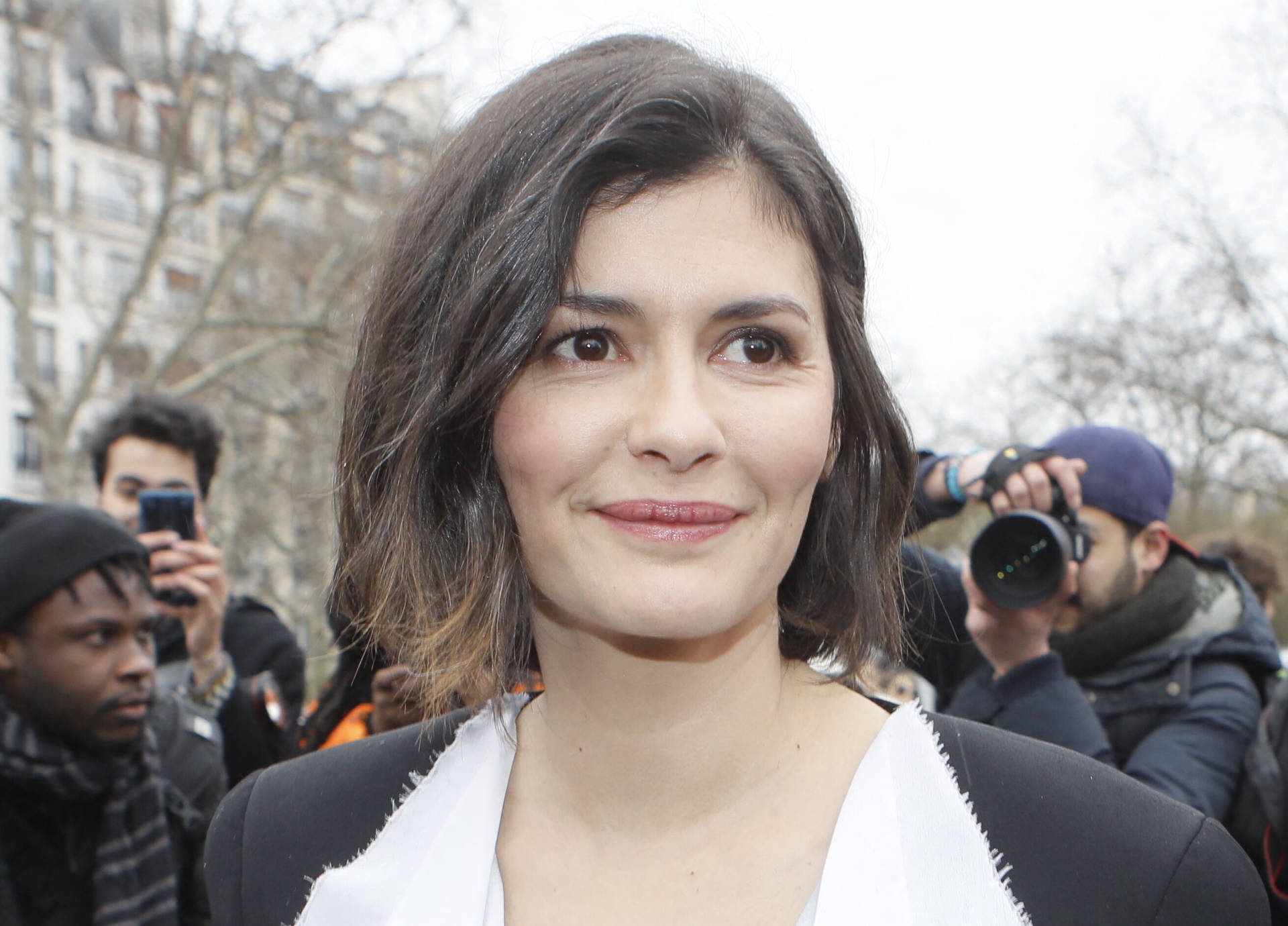 Audrey Tatou Surrounded By Press Background