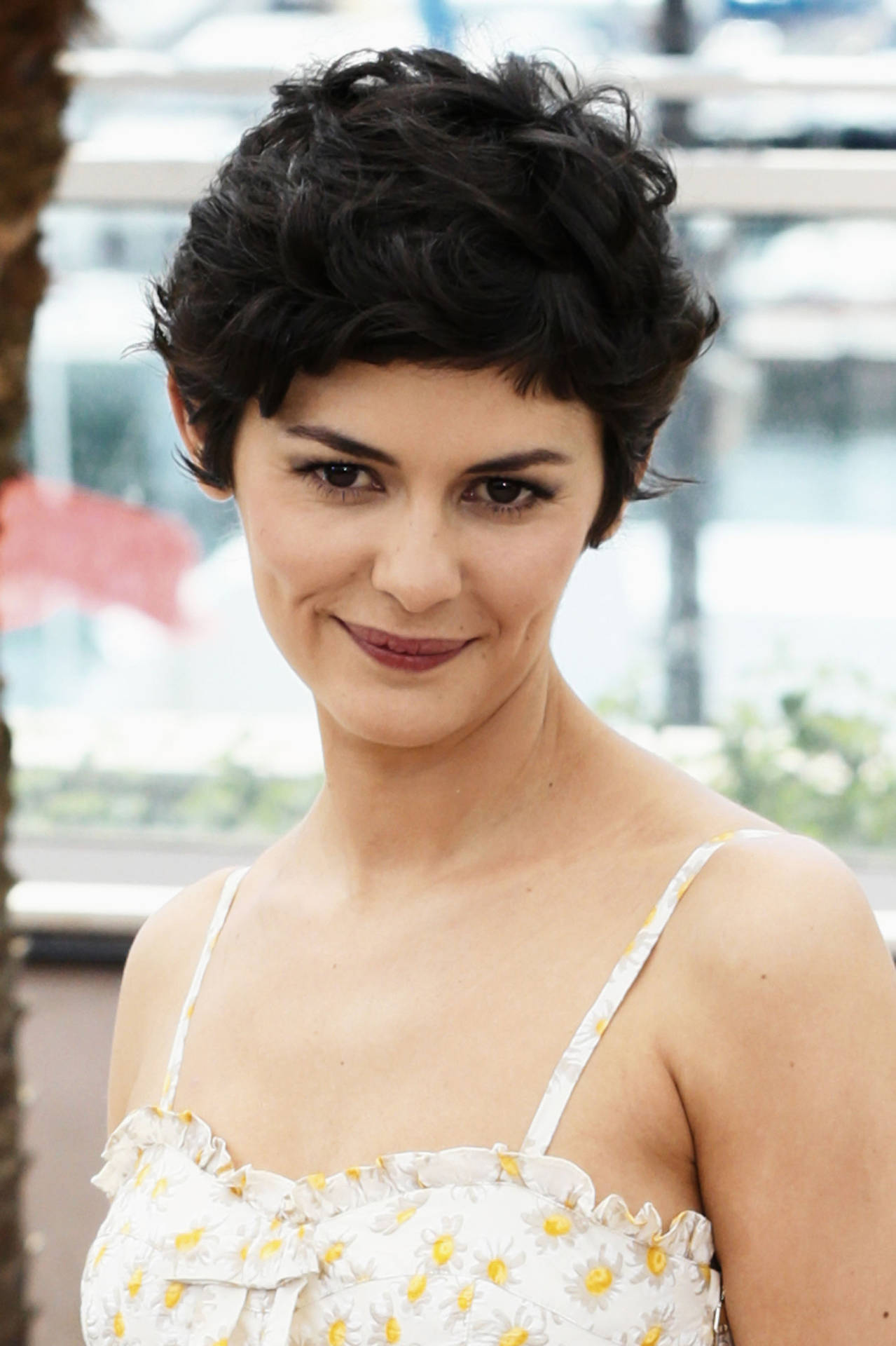 Audrey Tautou Wearing A Chic Pixie Cut Hairstyle And Elegant White Dress.