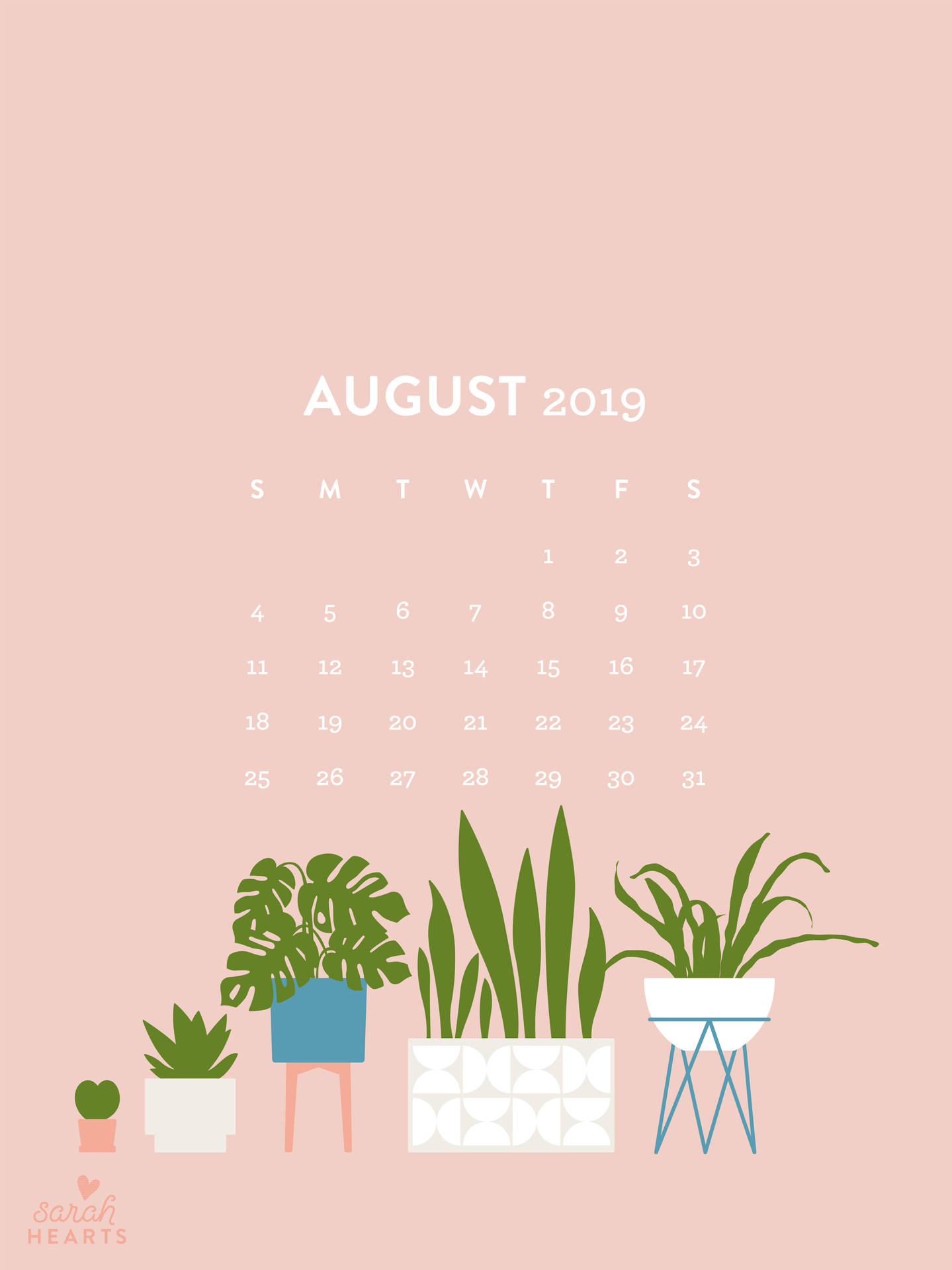 August 2019 Calendar With Plants And Pots Background