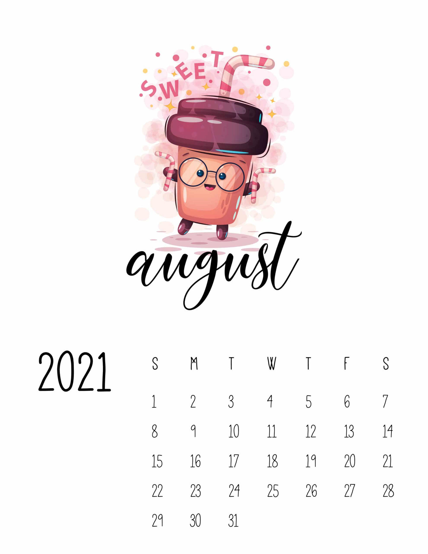 August 2021 Calendar With A Cartoon Coffee Cup