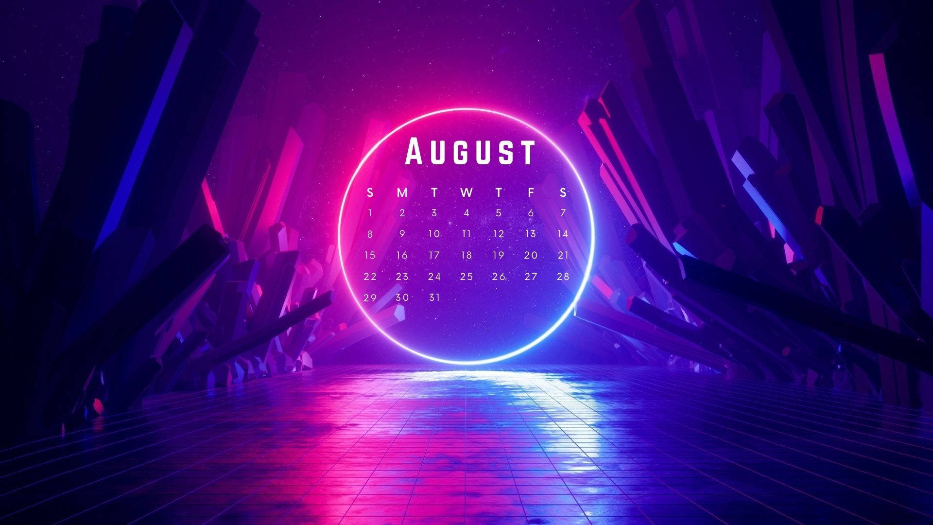 August Calendar With Neon Lights And A Circular Shape Background