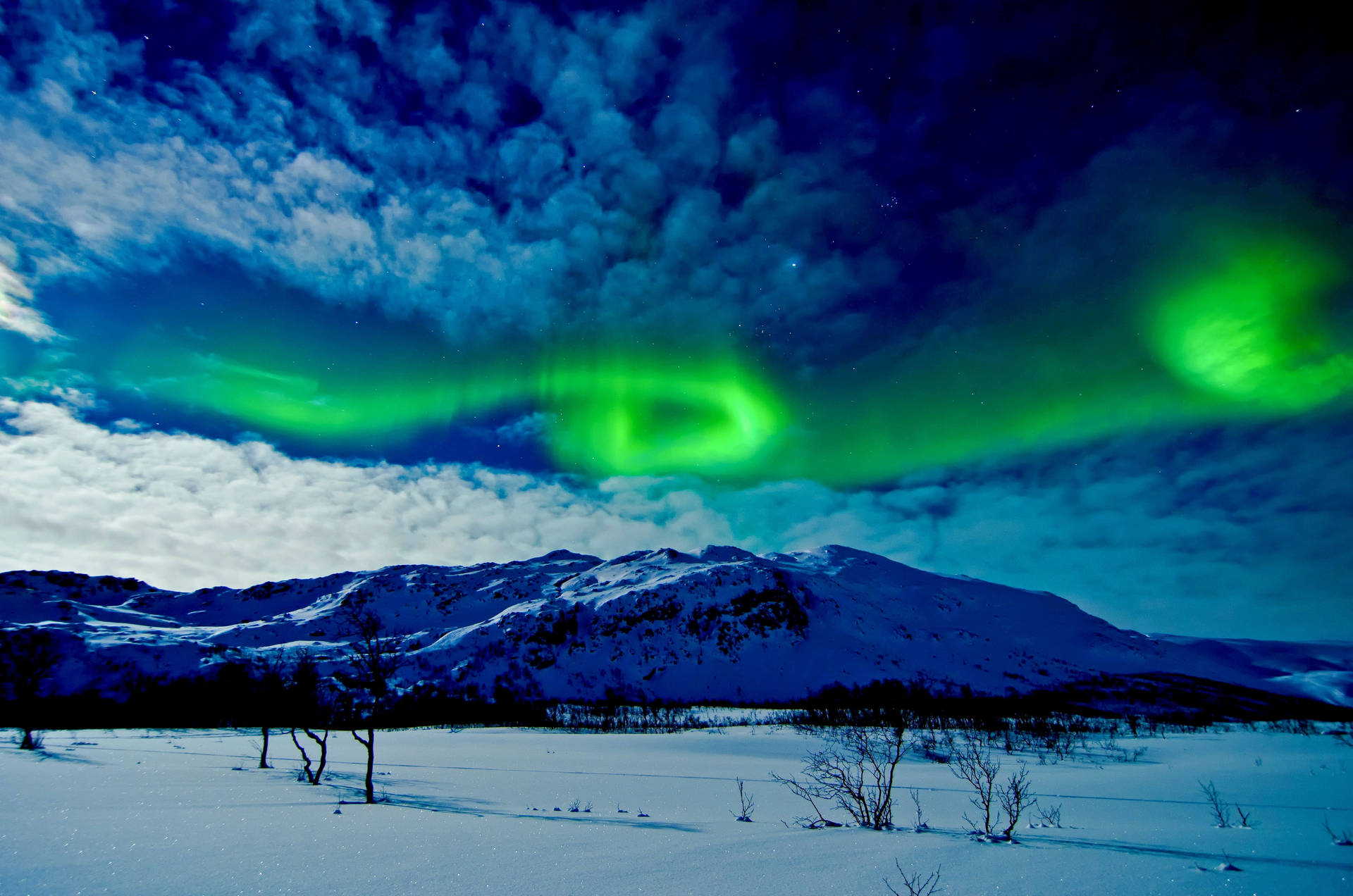 Aurora Borealis Above Snow Mountains