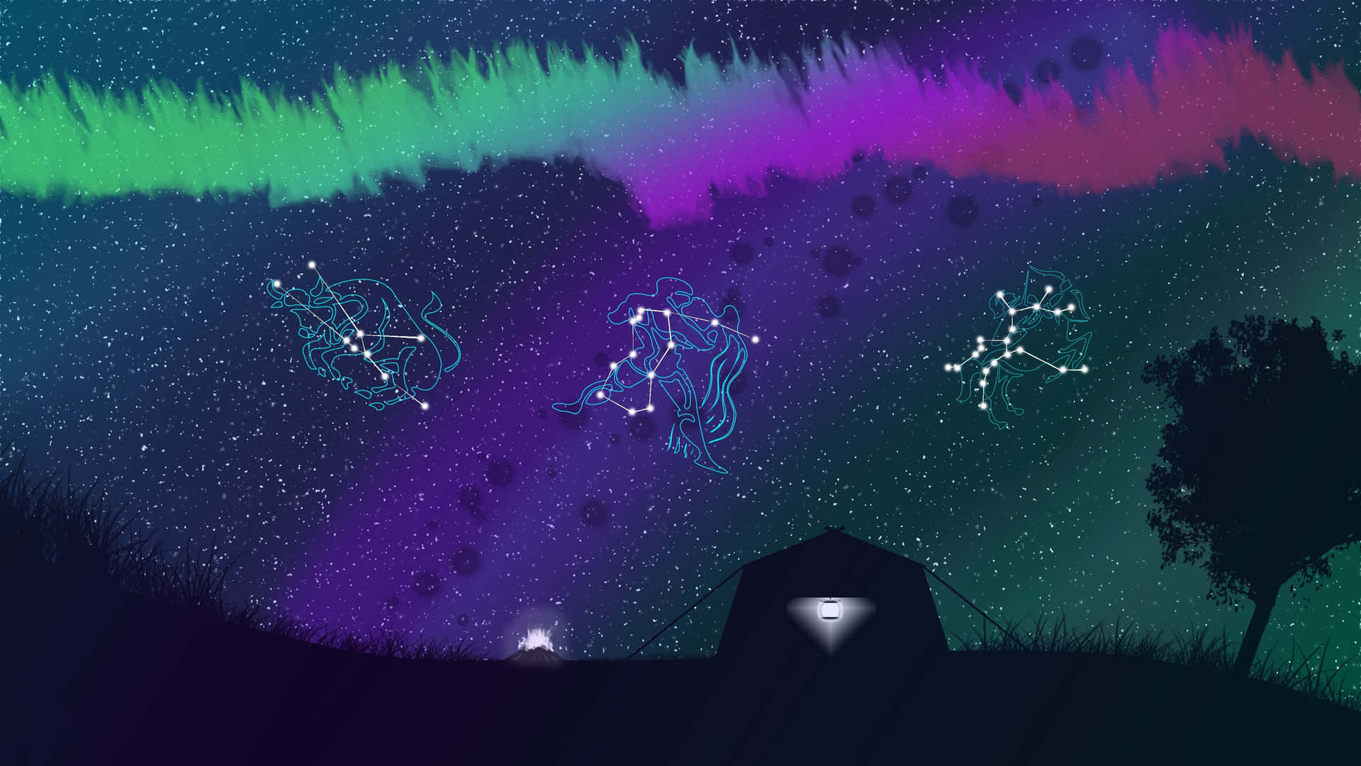 Aurora Night Sky Zodiac Constellations Background