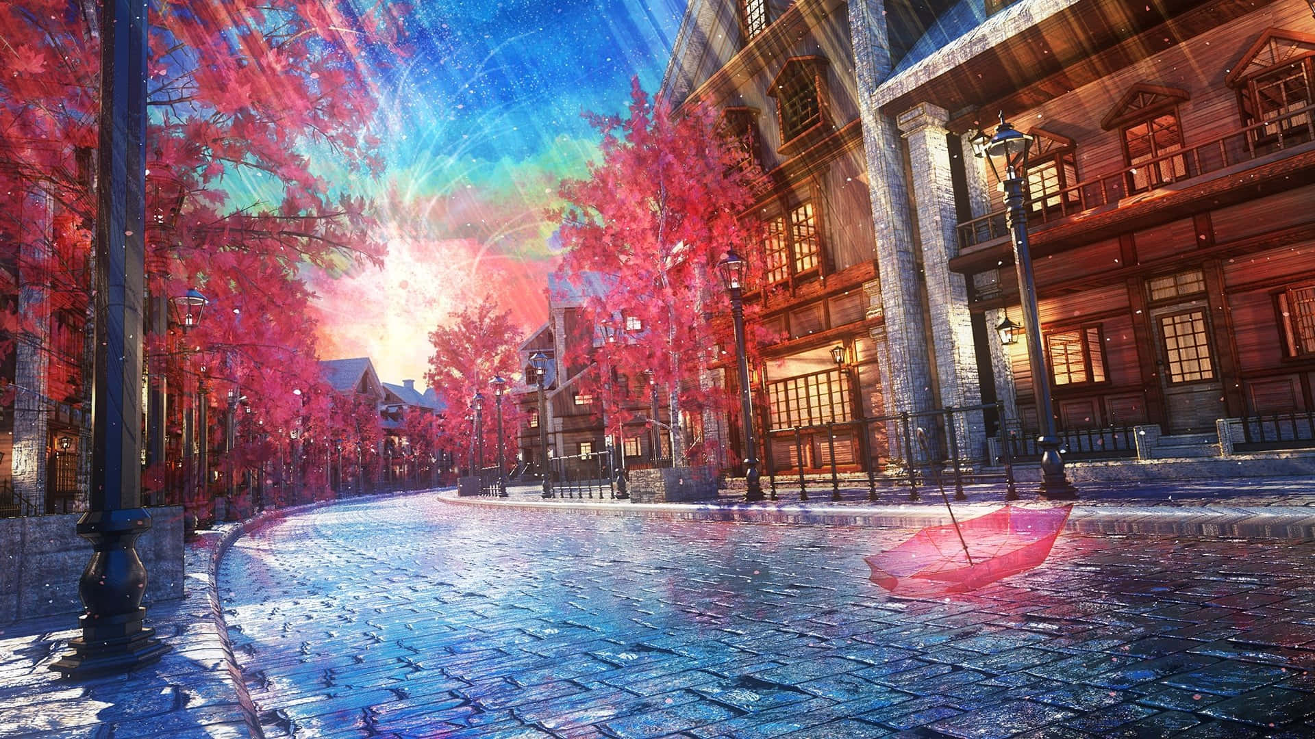 Aurora Over Sakura Street Background