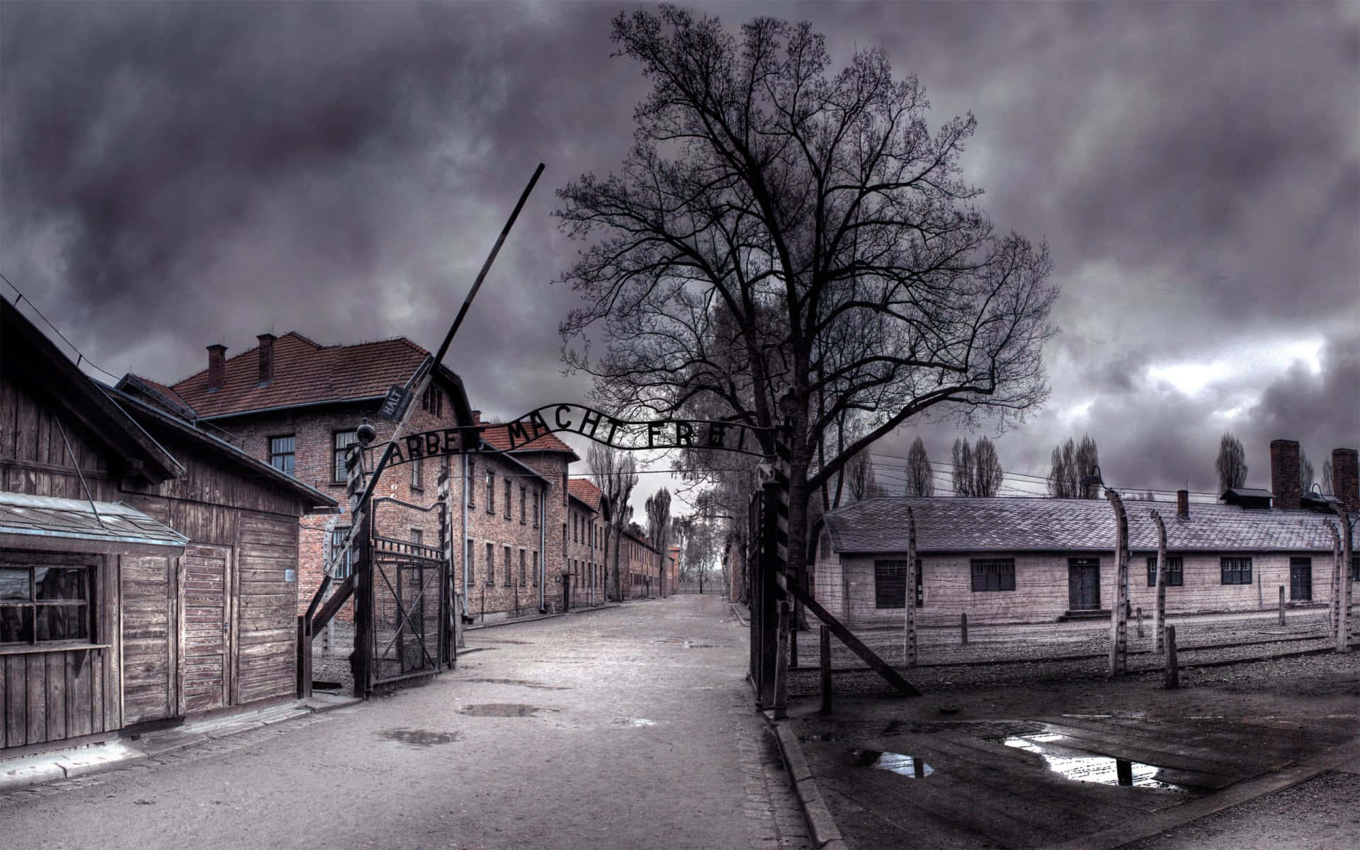 Auschwitz Concentration Camp Site Gate Wide Angle Shot Background
