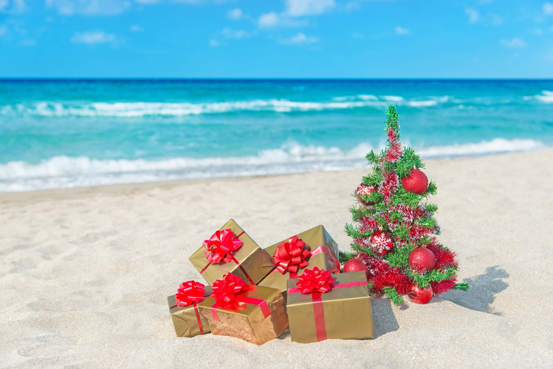 Australian Christmas Gifts On Beach Background