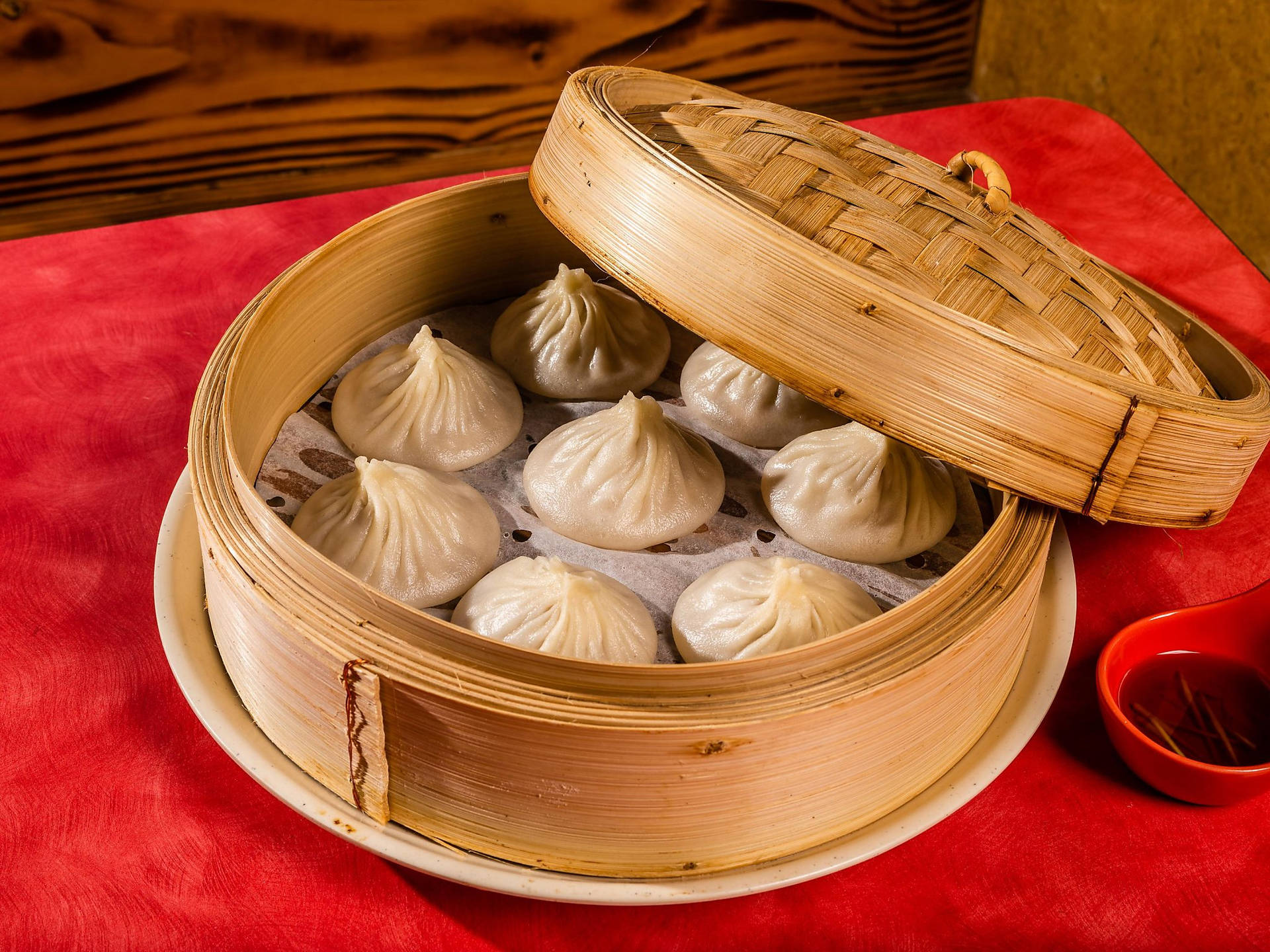 Authentic Chinese Xiaolongbao Dumplings In Bamboo Steamer Background