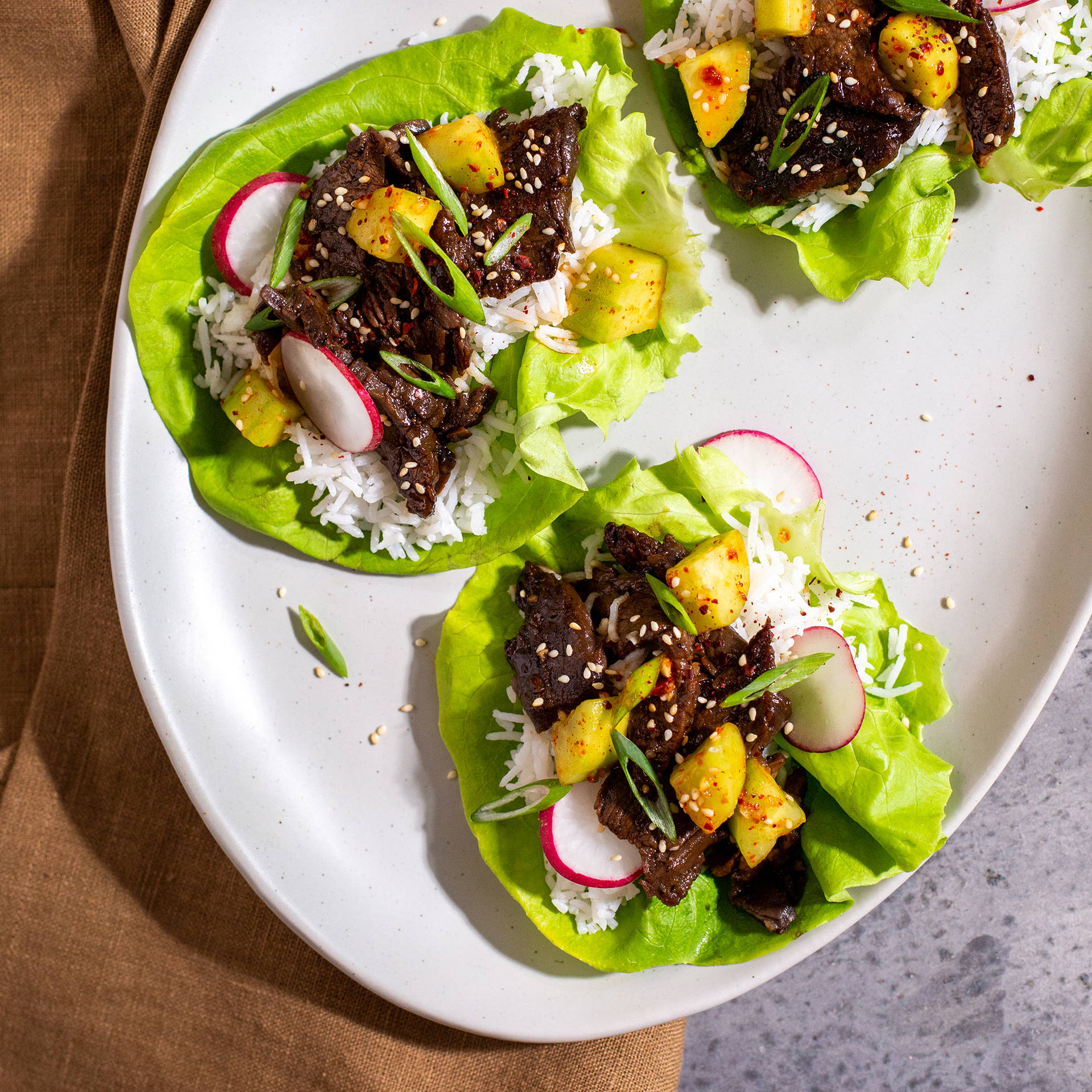 Authentic Korean Bulgogi With Radish Tops Background