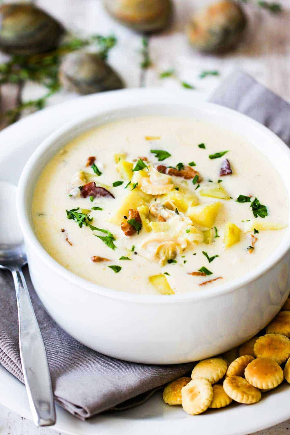 Authentic New England Clam Chowder With Crackers Background