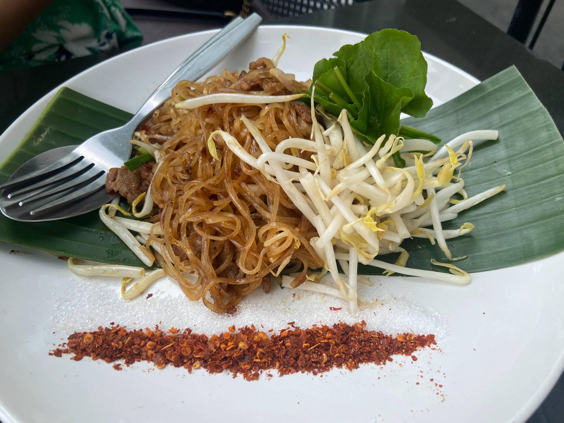 Authentic Pad Thai Noodles With Bean Sprouts And Chili Flakes