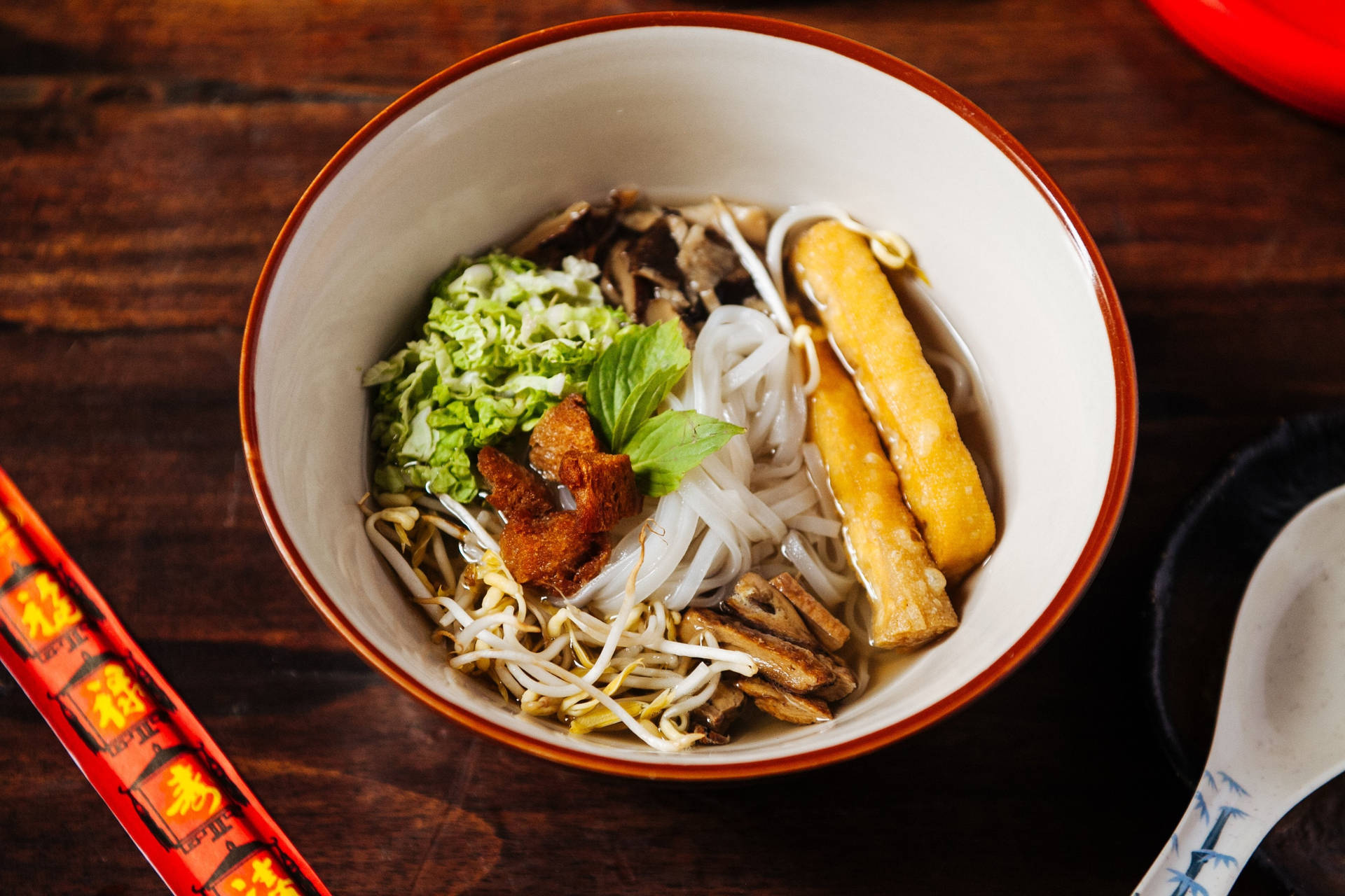 Authentic Pho Noodle Soup Served With Fresh Toppings Background