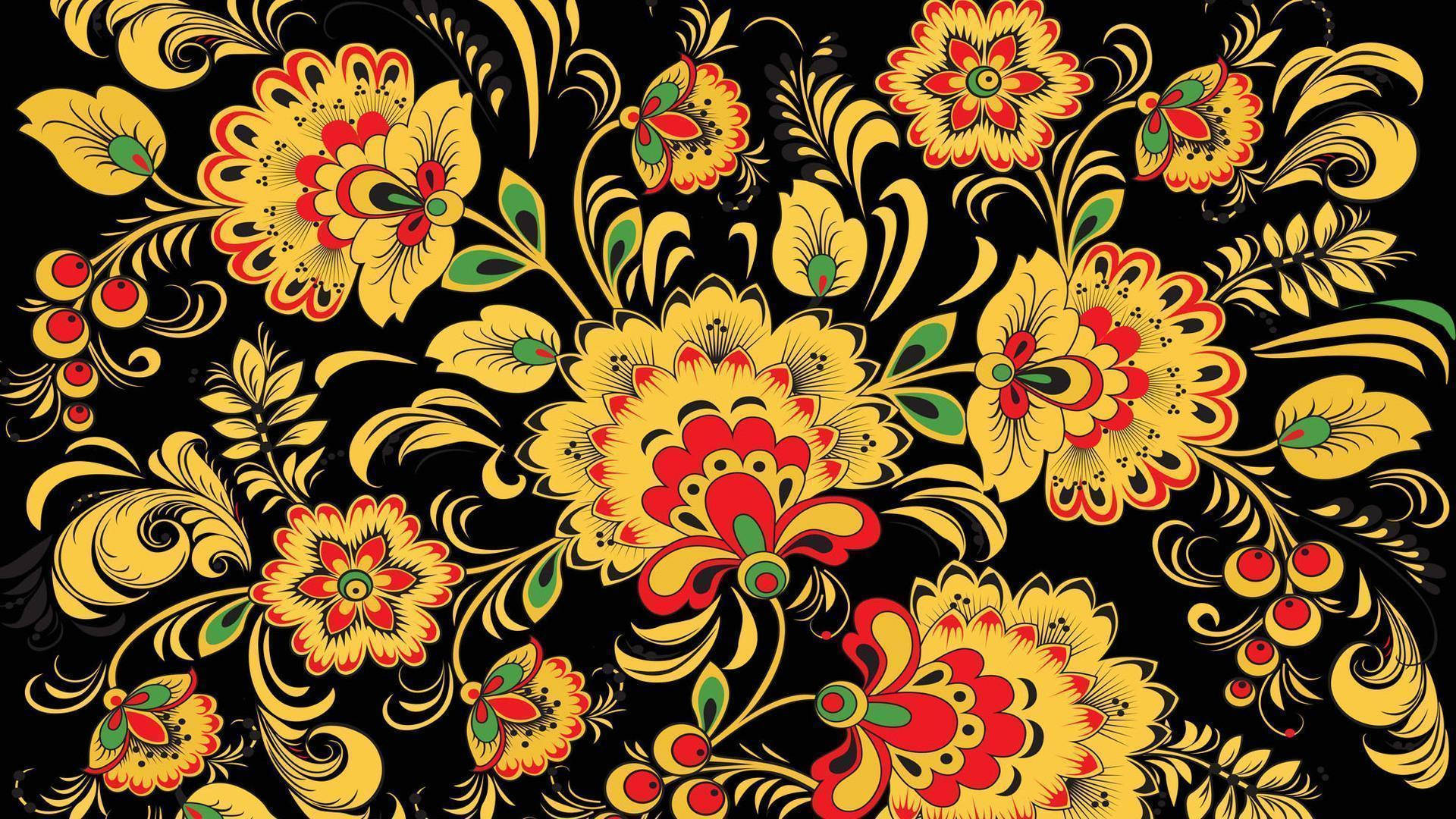 Authentic Russian Yellow Flowered Folk Art Display Background