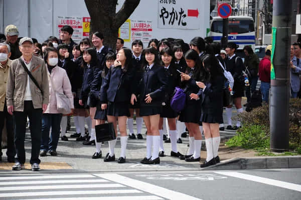 Authentic Snapshot Of Japanese Schoolgirls On Streets Background