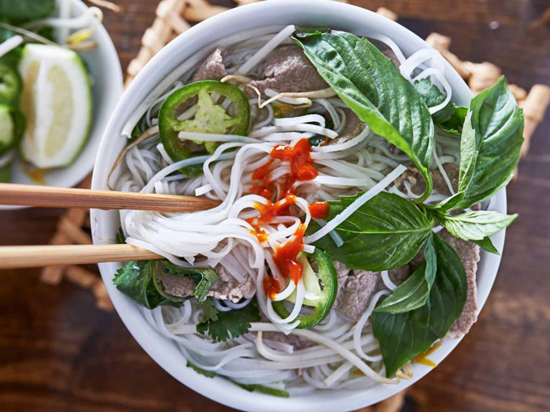 Authentic Vietnamese Pho With White Rice Noodles Background