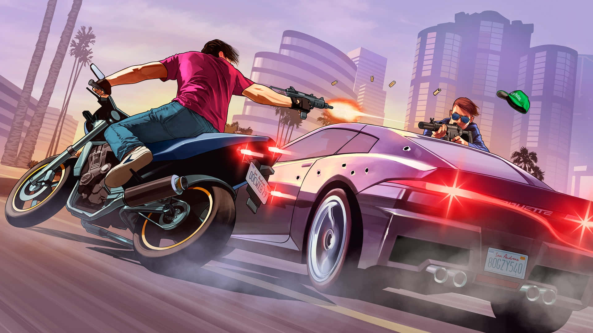Automatic Car And Motorbike Drivers Gunfight Background