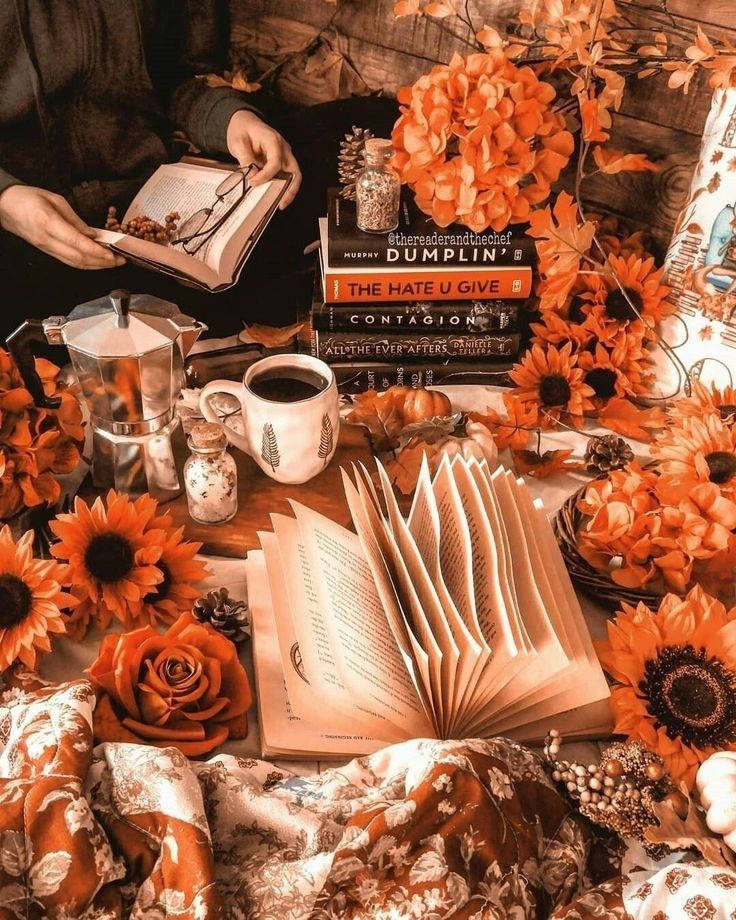 Autumn Bunga With Books Background