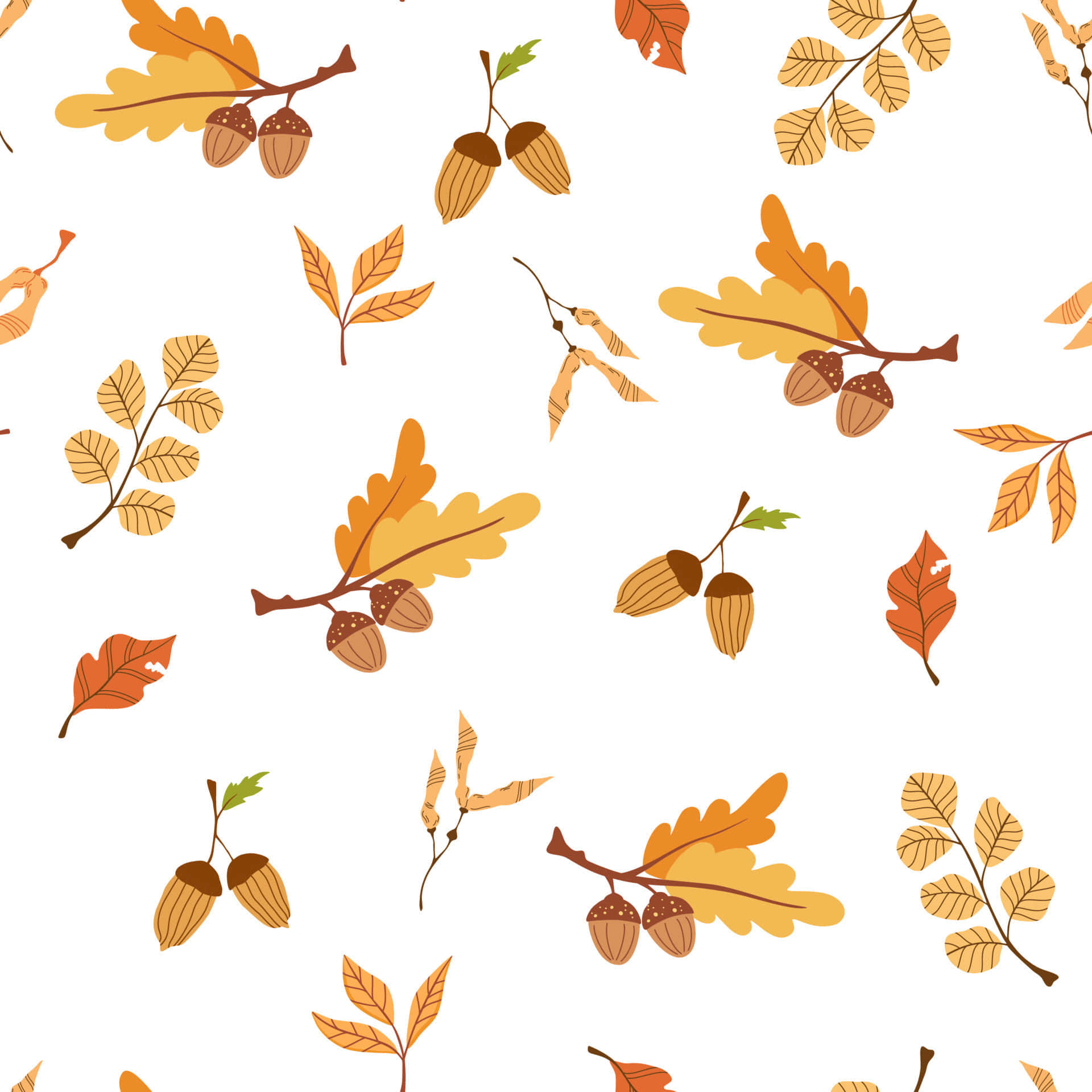 Autumn Leaves And Acorns Seamless Pattern Background