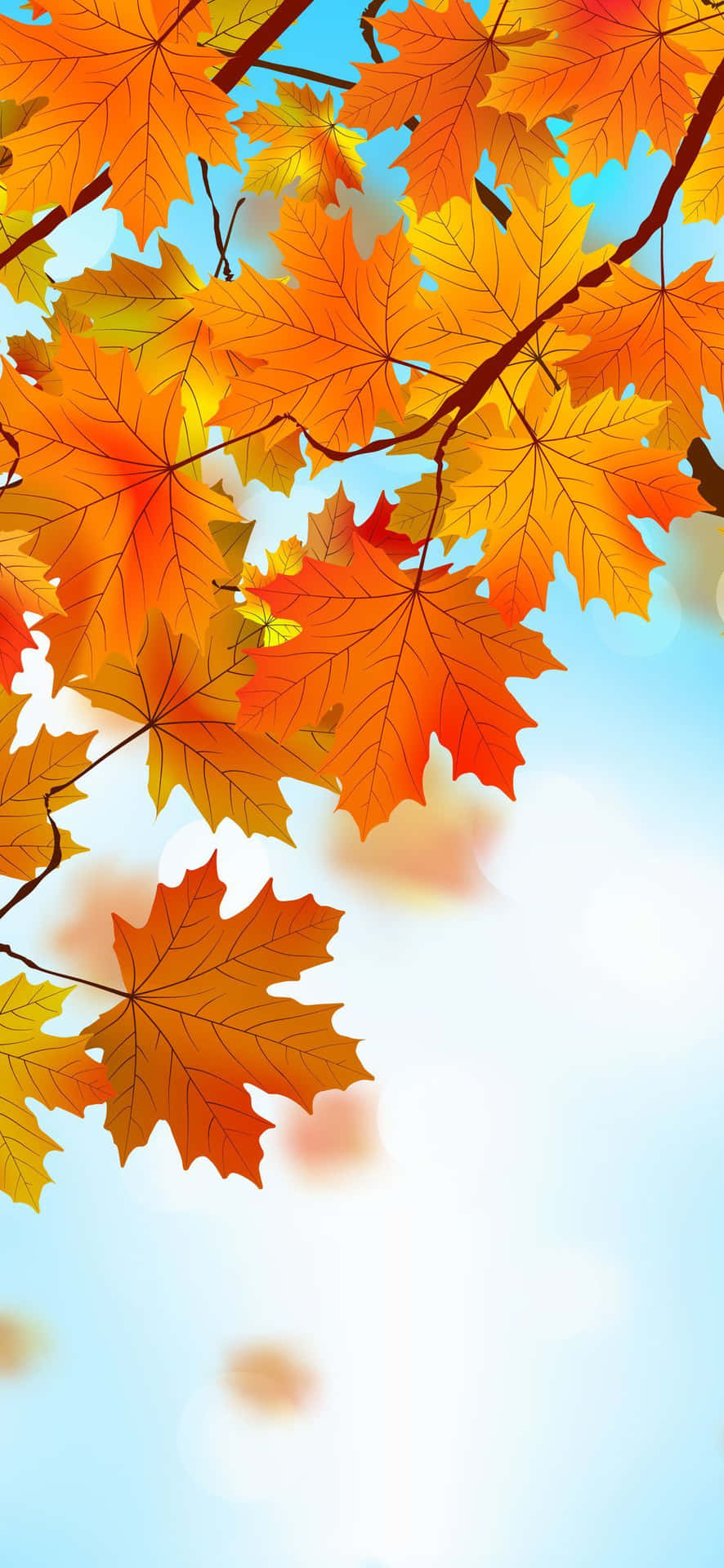 Autumn Leaves On A Branch With Blue Sky Background