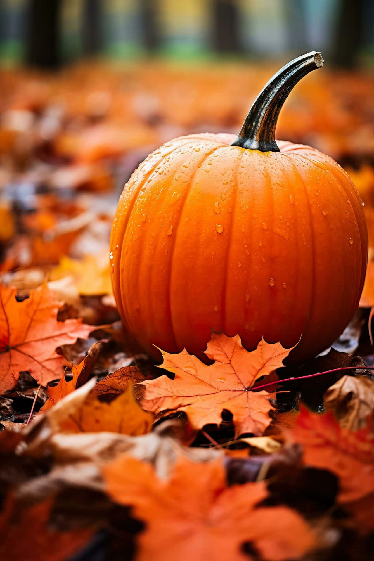 Autumn Pumpkin Among Fallen Leaves