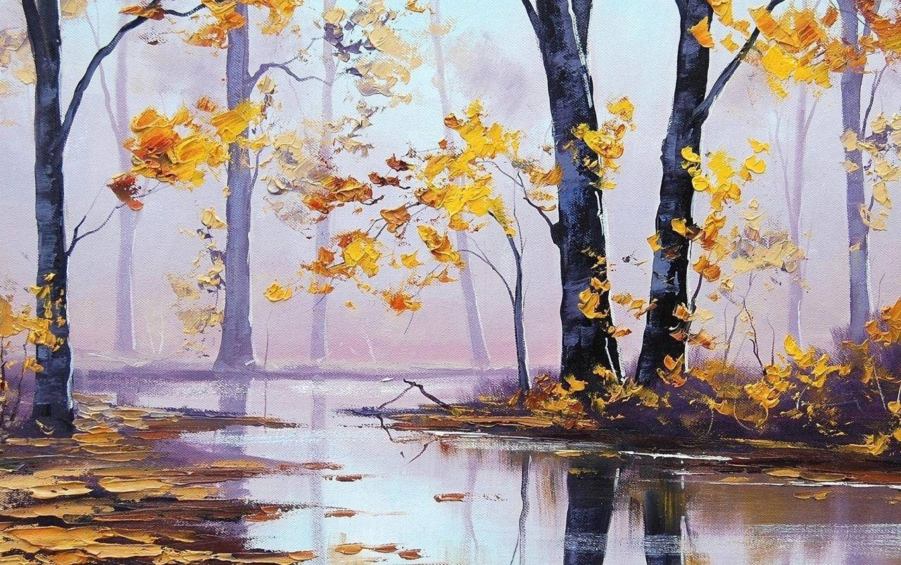 Autumn River Painting Desktop Background