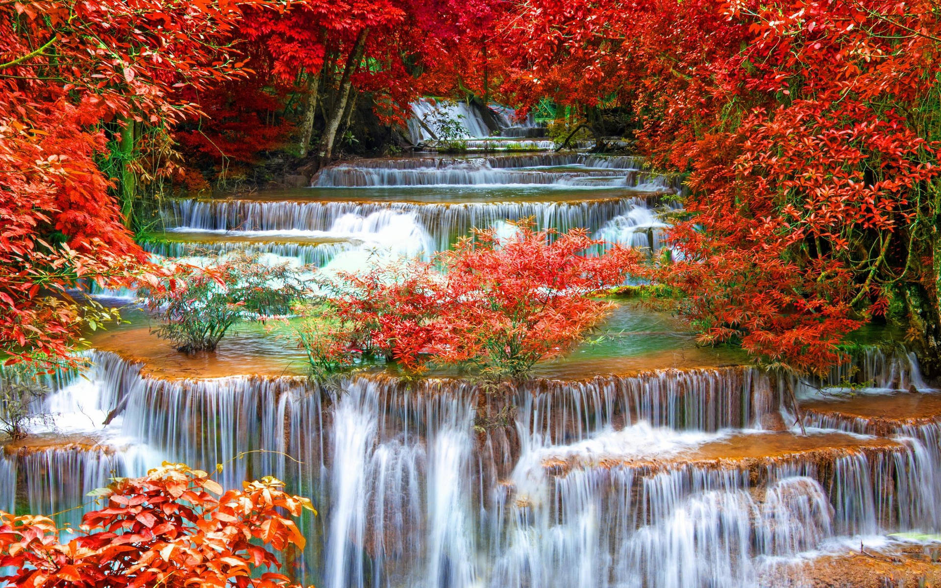 Autumn Season Waterfalls Background
