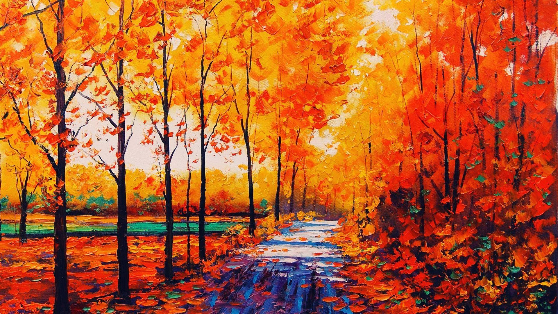 Autumn Trees Painting Desktop Background