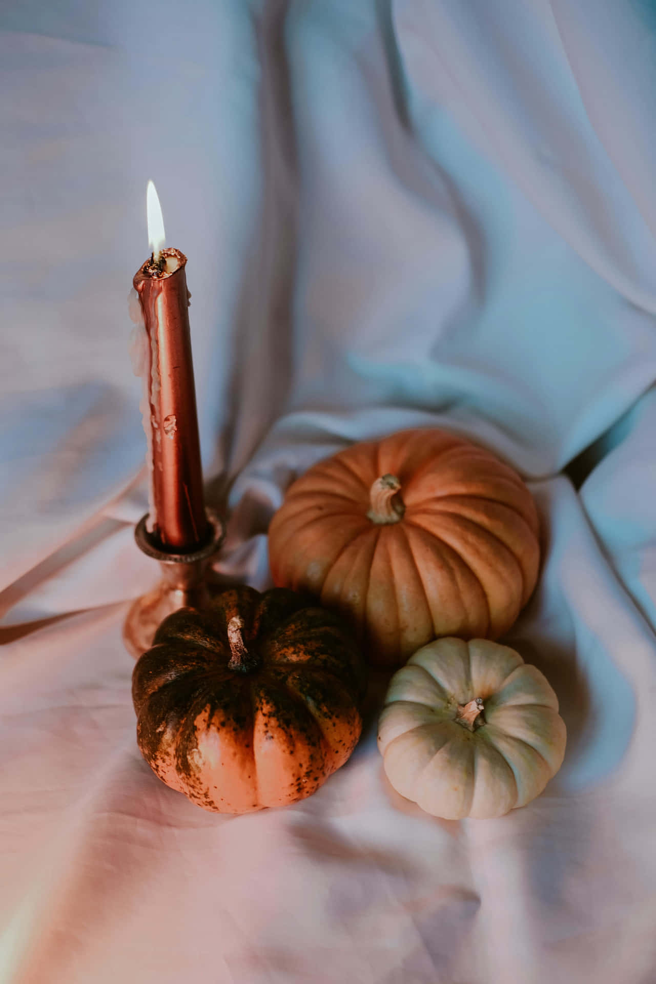 Autumnal Candleand Pumpkins Still Life Background