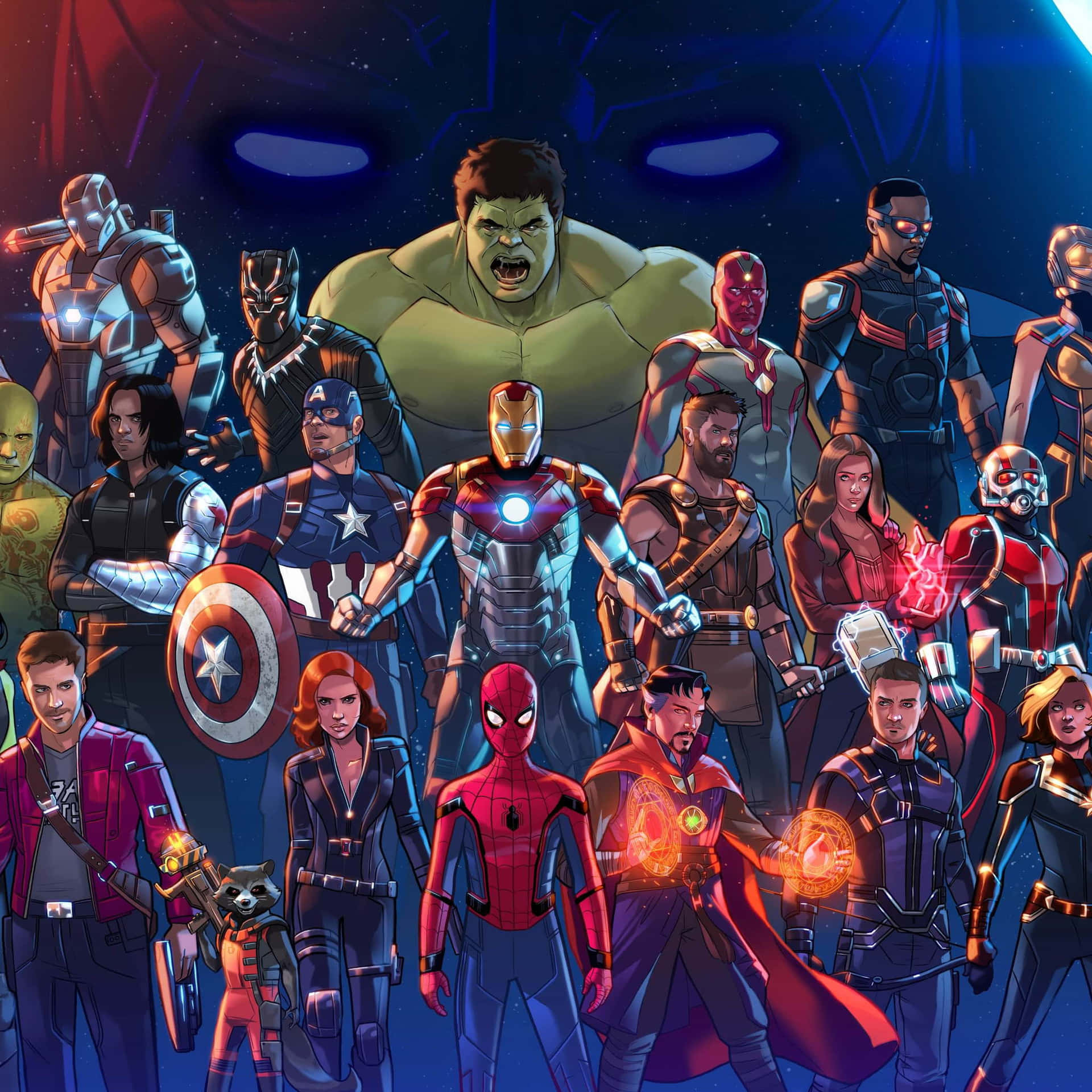 Avengers Characters Standing In Front Of A Blue Background Background