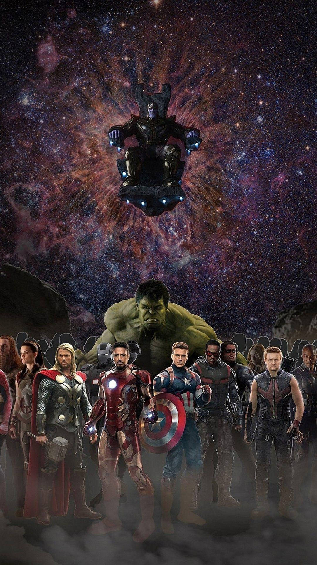 Avengers Characters Standing In Front Of A Galaxy