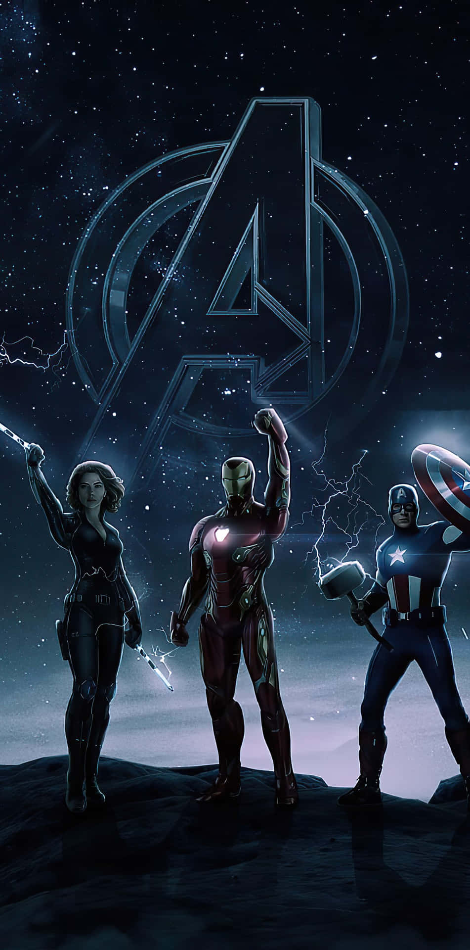 Avengers Characters Standing In Front Of A Starry Sky Background