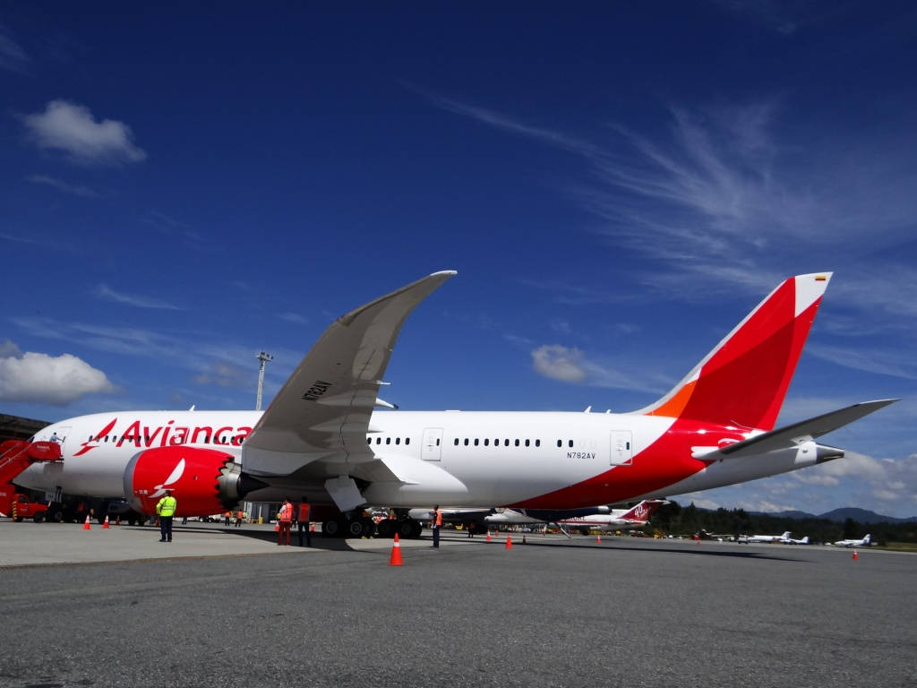 Avianca Airline Boeing 787 Dreamliner Beneath Blue Sky Background