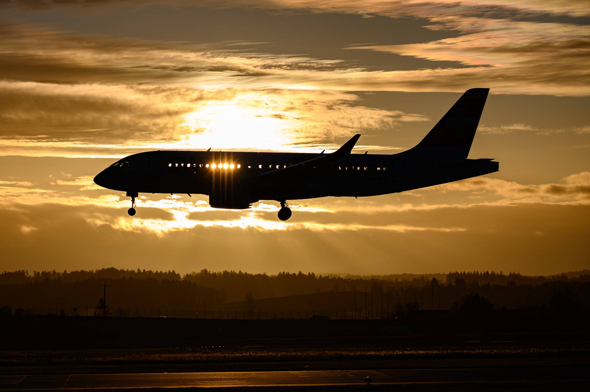 Aviation Airplane Silhouette And Sunset Background