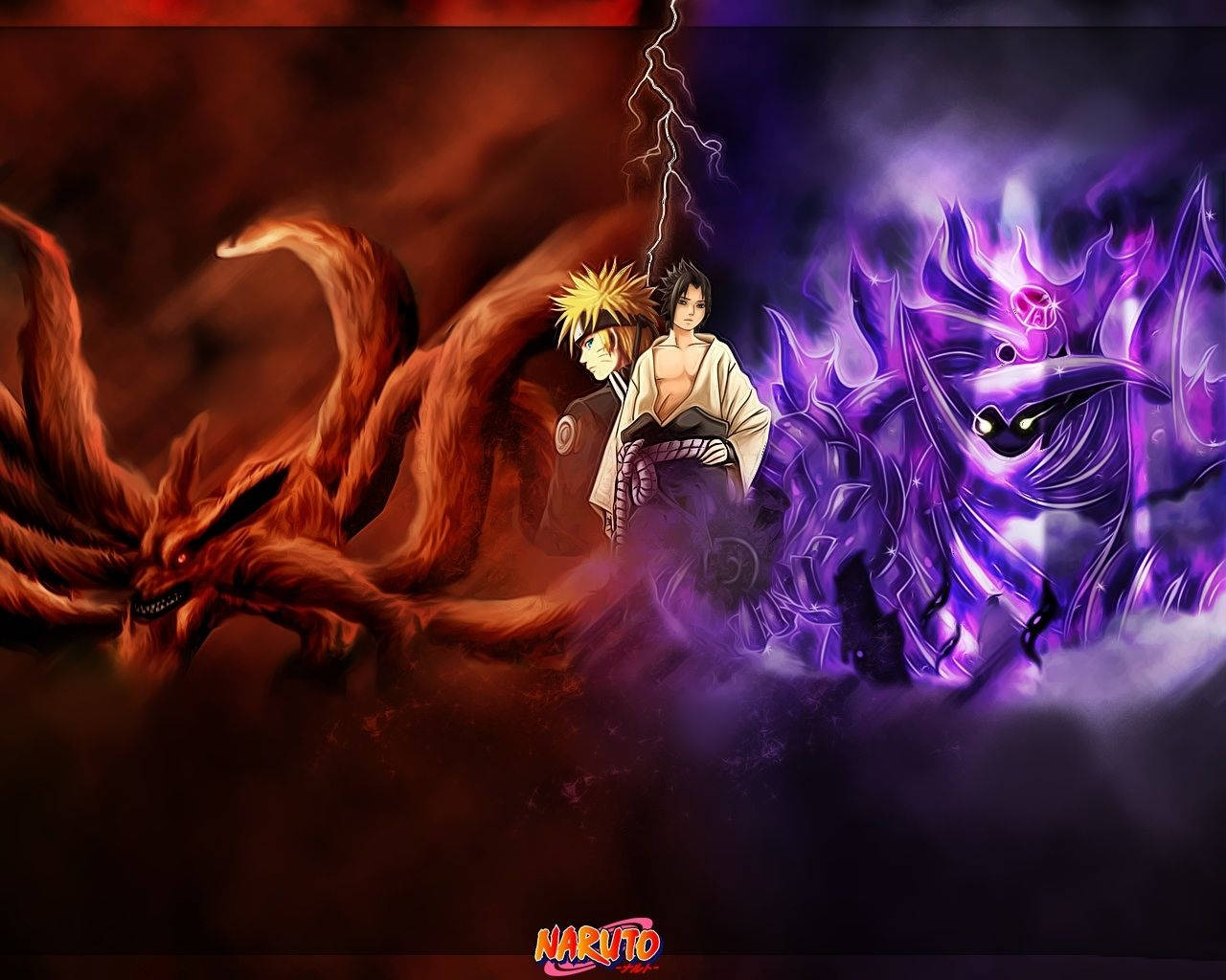 Awesome Naruto And Sasuke With Beasts Background