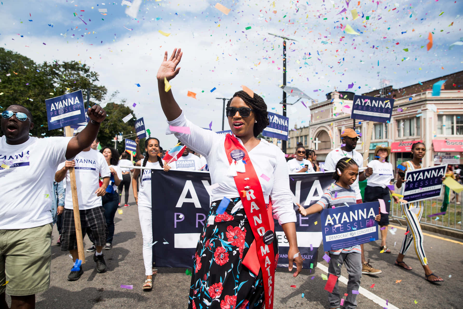 Ayanna Pressley Waving Confetti Background