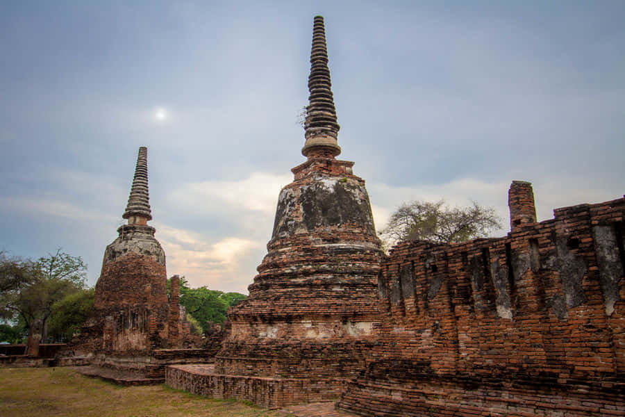 Ayutthaya Ancient Stupasat Dusk Background