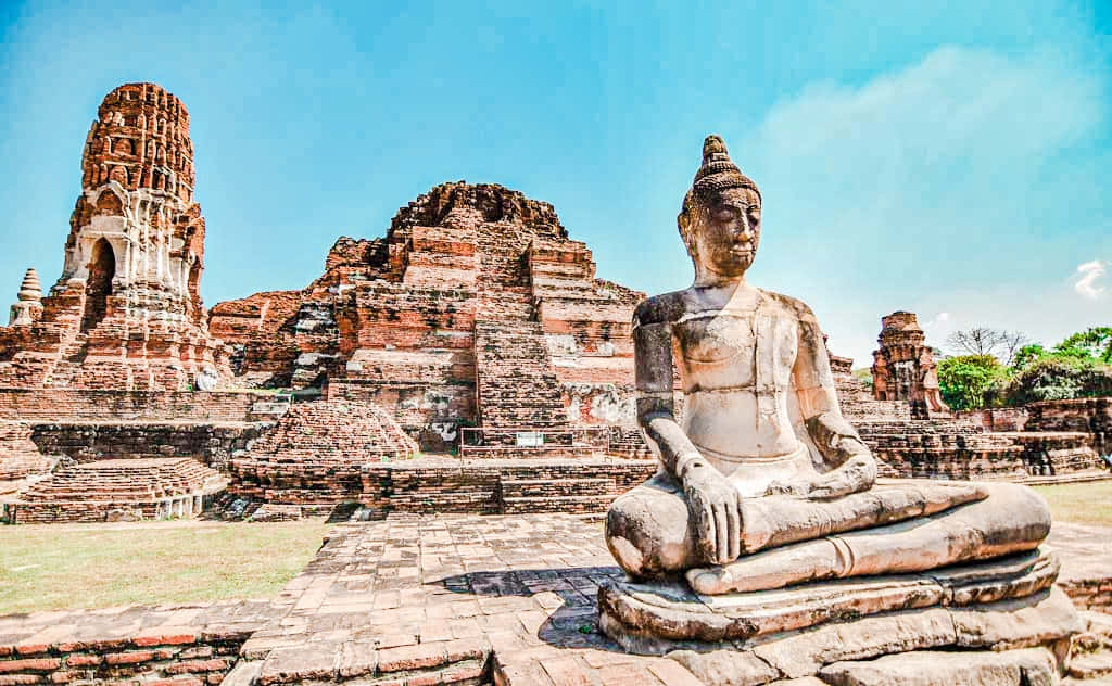 Ayutthaya Buddha Statueand Ruins Background