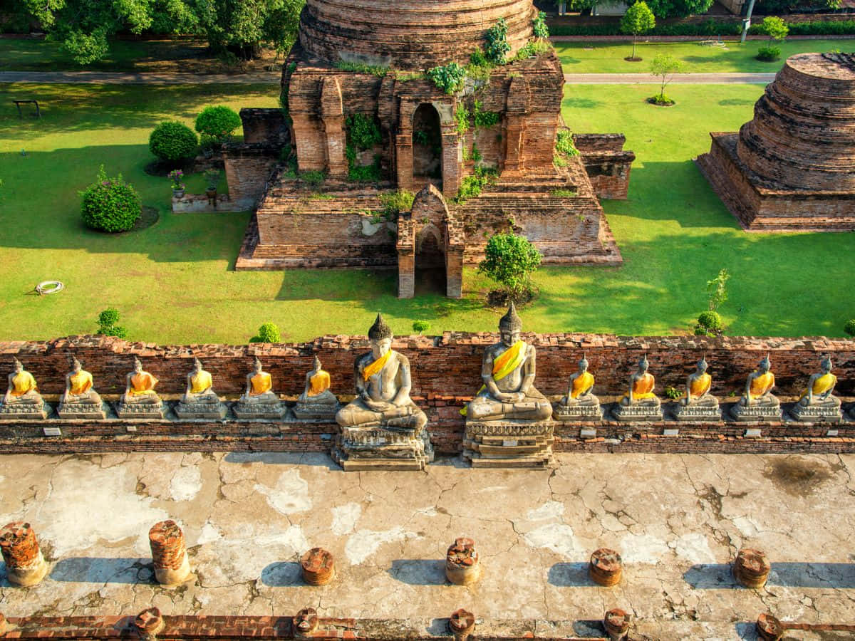 Ayutthaya Buddha Statues Row Ancient Temple Background