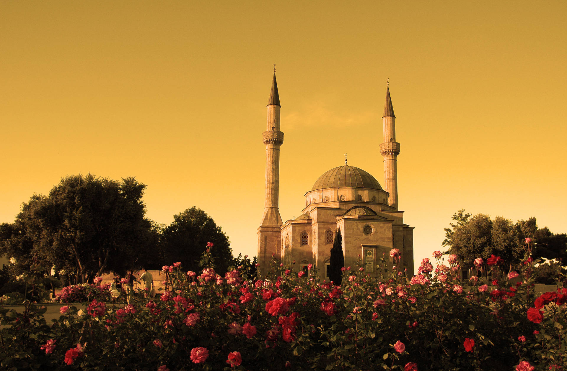 Azerbaijan Mosque With Flowers Background