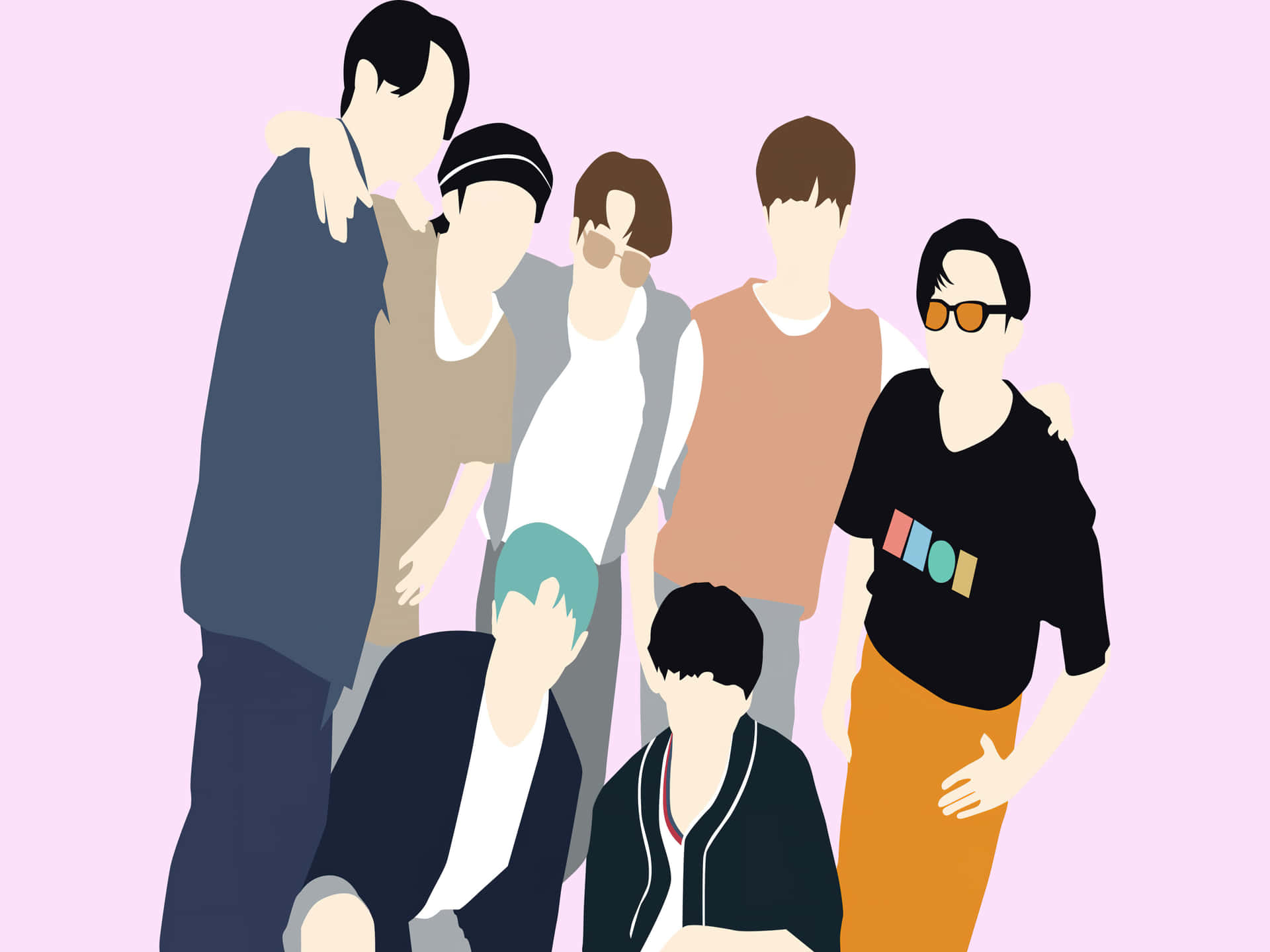 B T S Group Illustration Pink Background Background