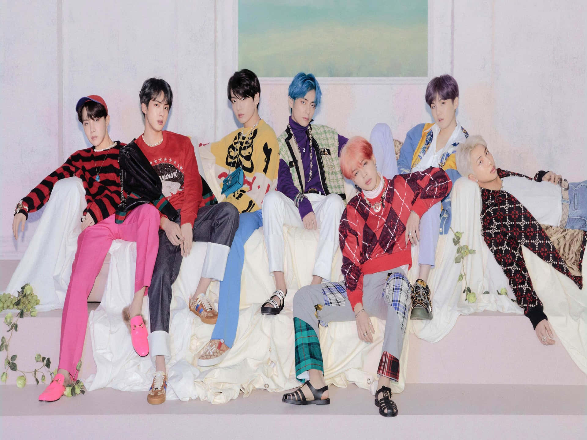 B T S_ Group_ Photo_ Stylish_ Outfits Background