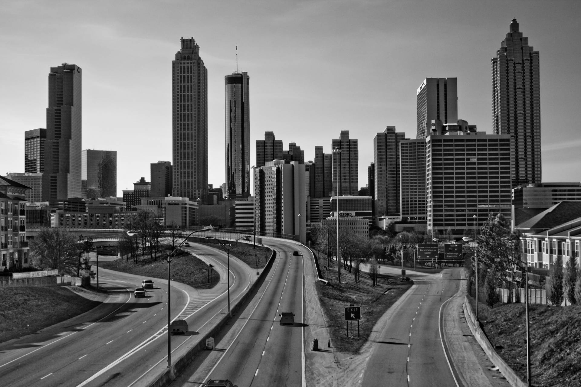 B&w Atlanta Skyline Freedom Parkway Background