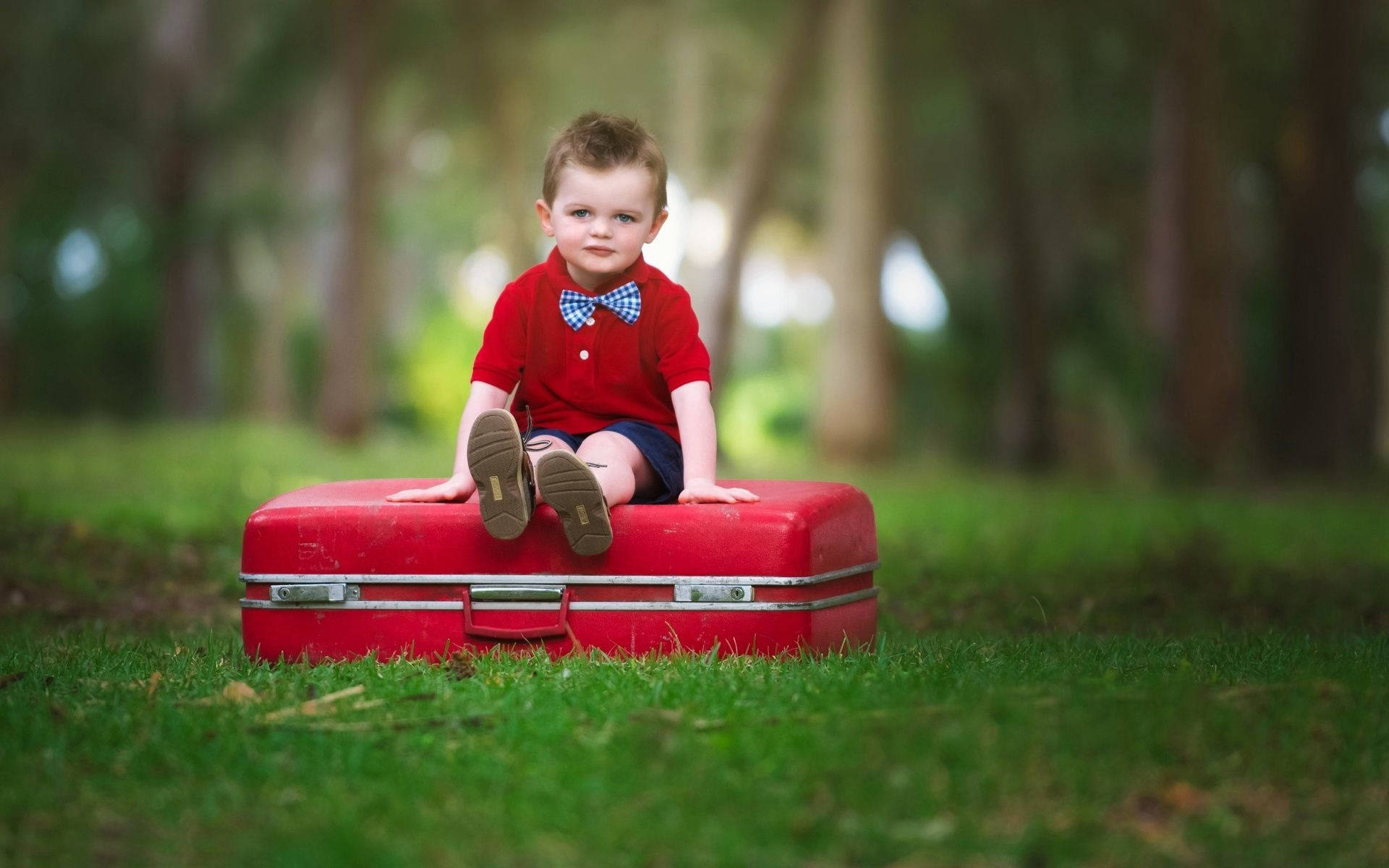 Baby Boy Seated On Red Suitcase Background