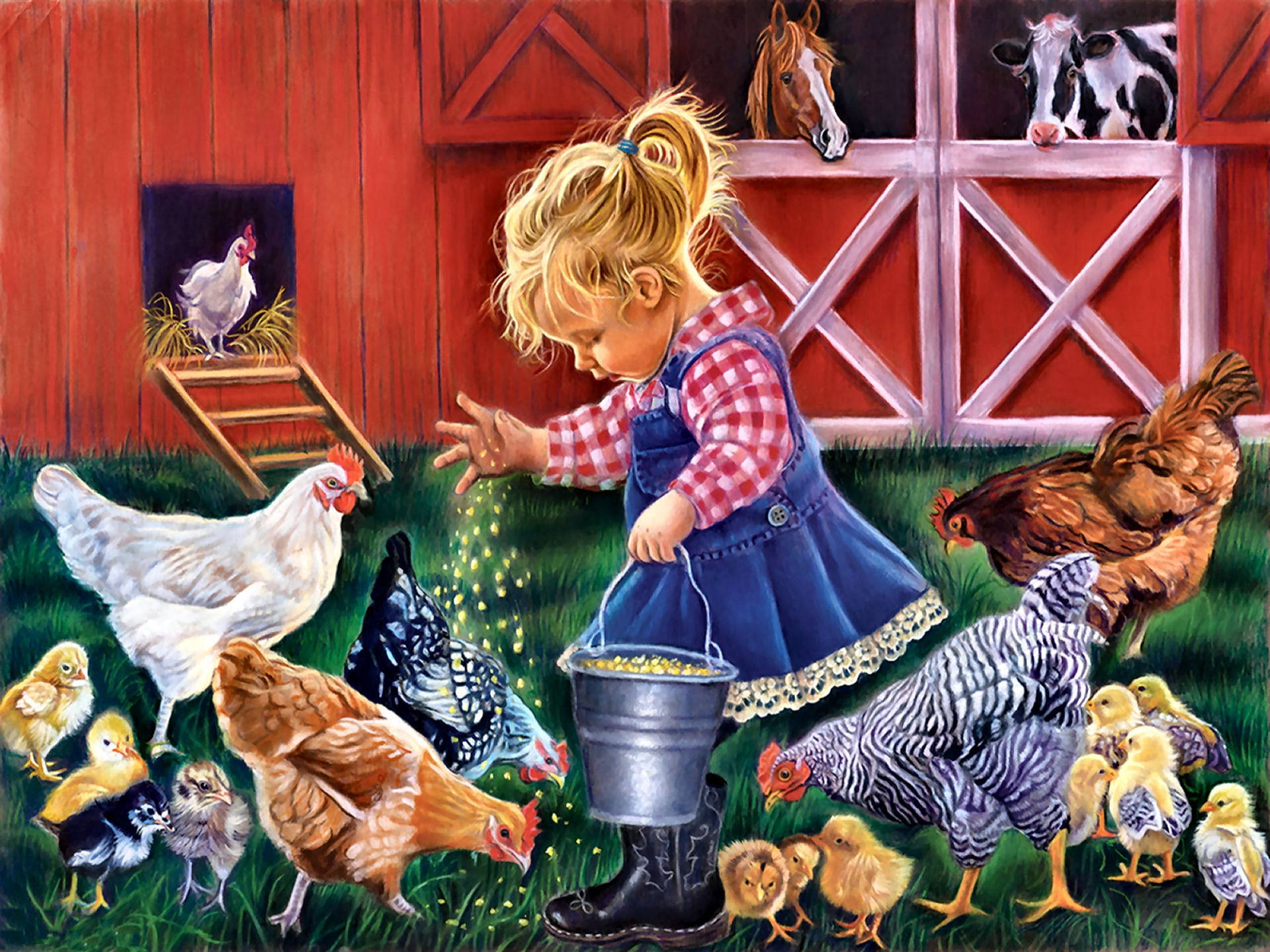 Baby Feeding Chicken Animals On The Farm Background