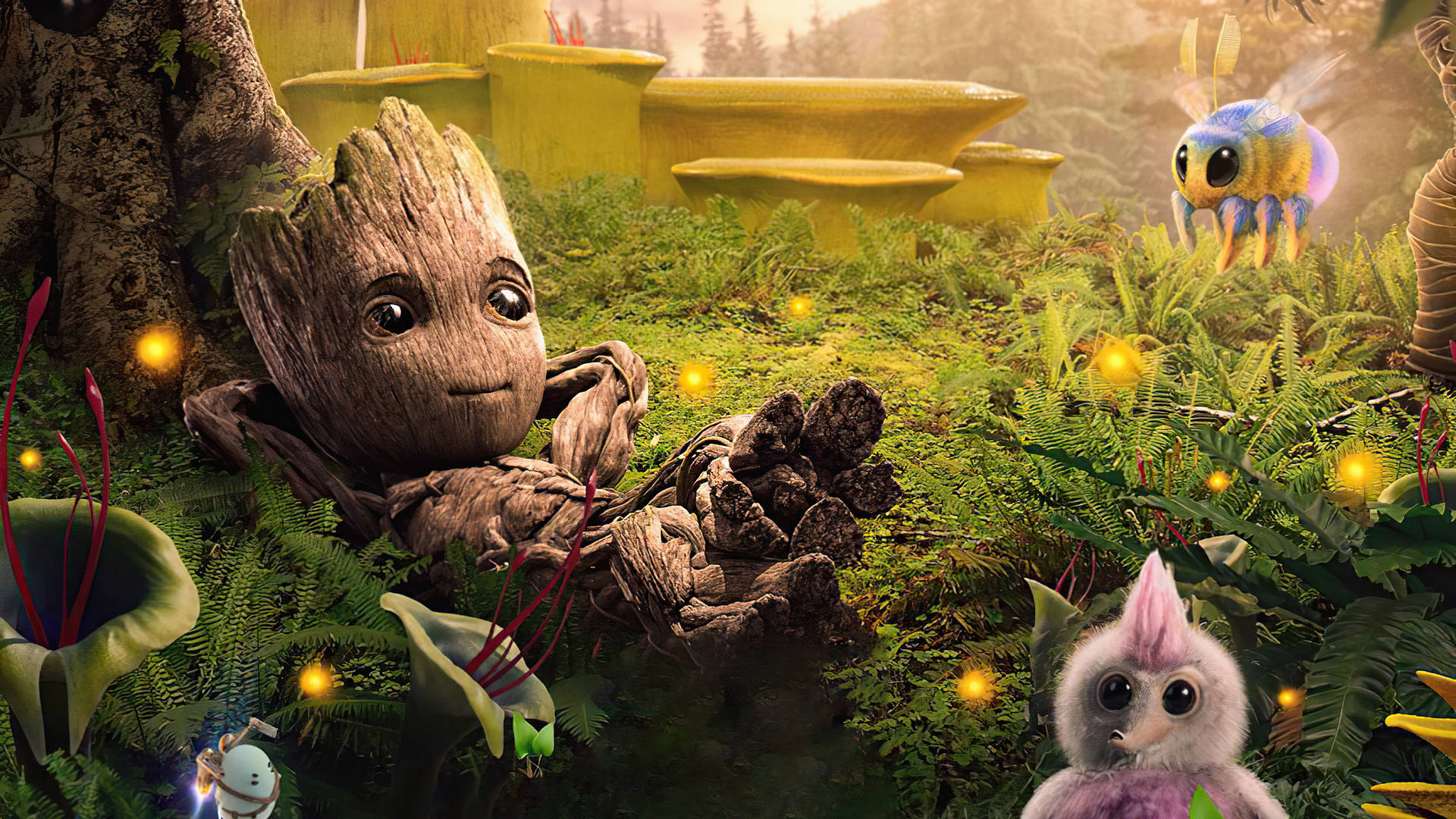 Baby Groot Relaxing In A Garden Background
