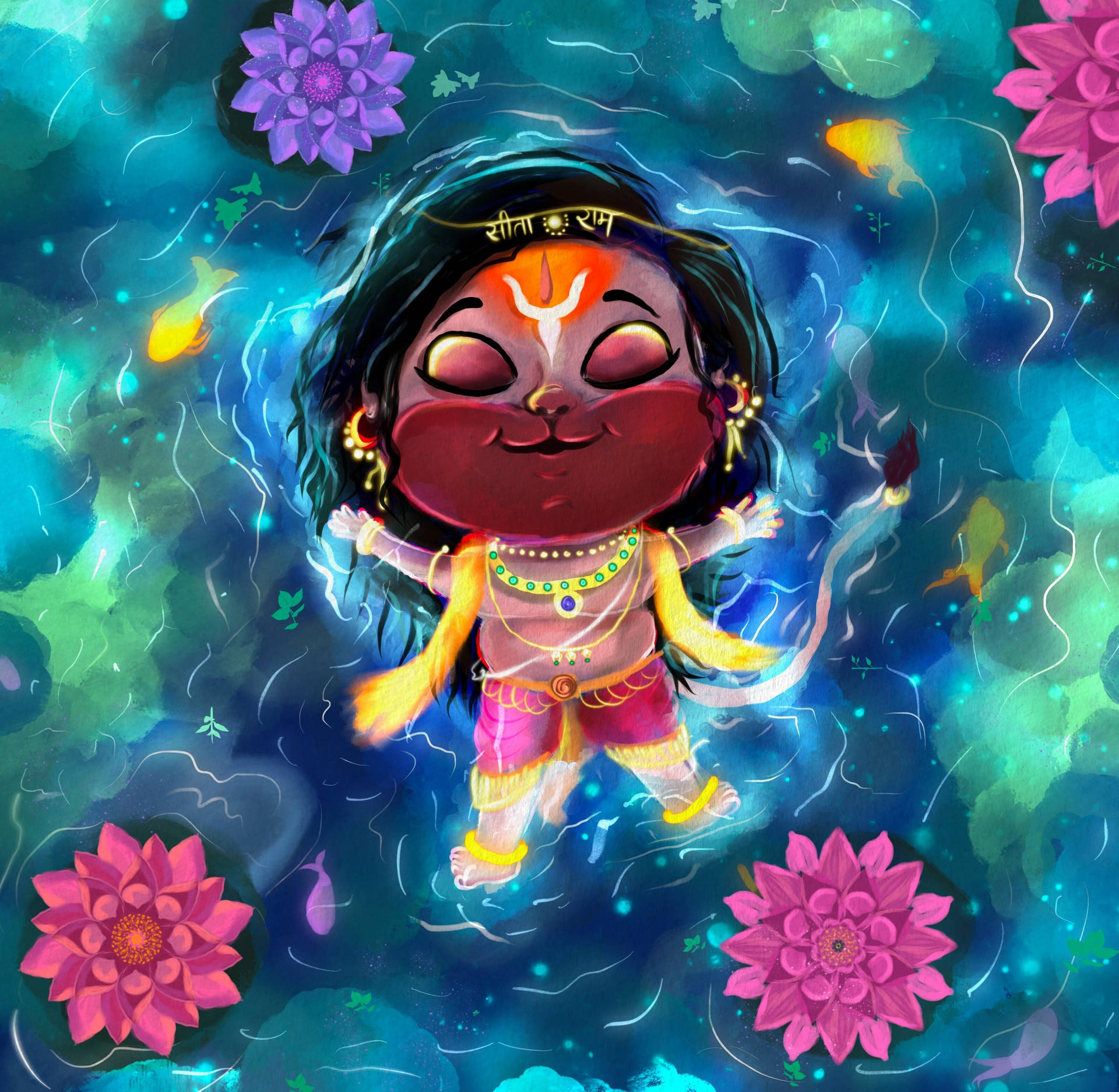 Baby Hanuman Closed Eyes Flowers Background